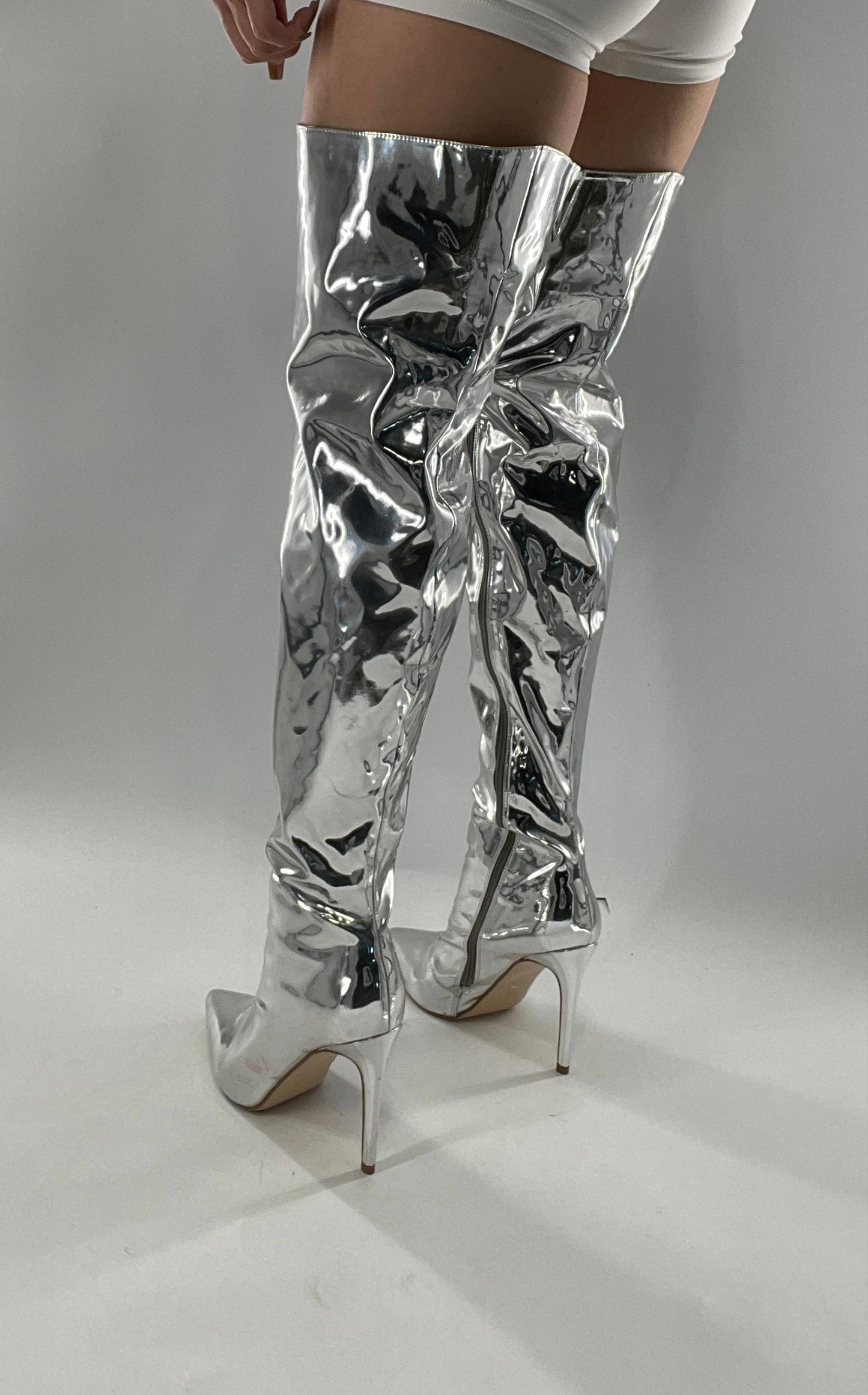 Vintage Chrome Platinum Mirrored Thigh High Molten Metal Sky High Boots Space Cadet/Concert (7)