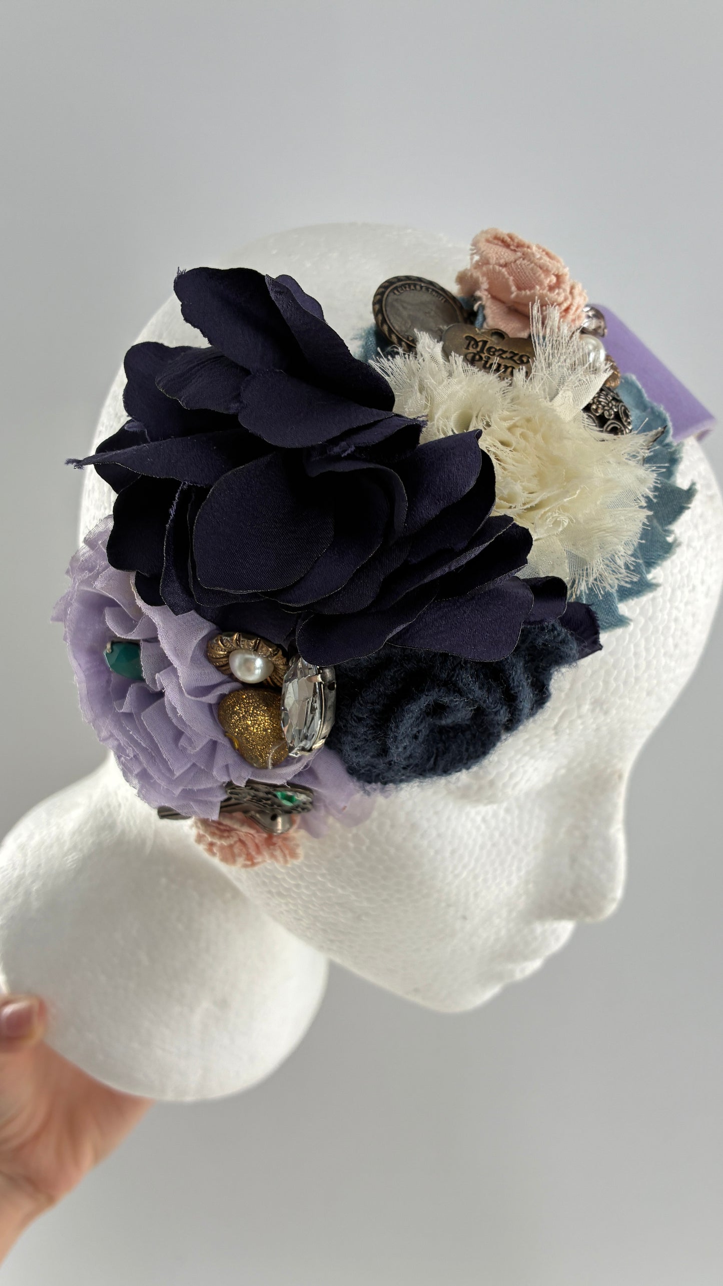 Vintage FARMER Handmade Lilac Headband with Purple Ribbon,  Pleated, Floral, and Gemstone Appliqués