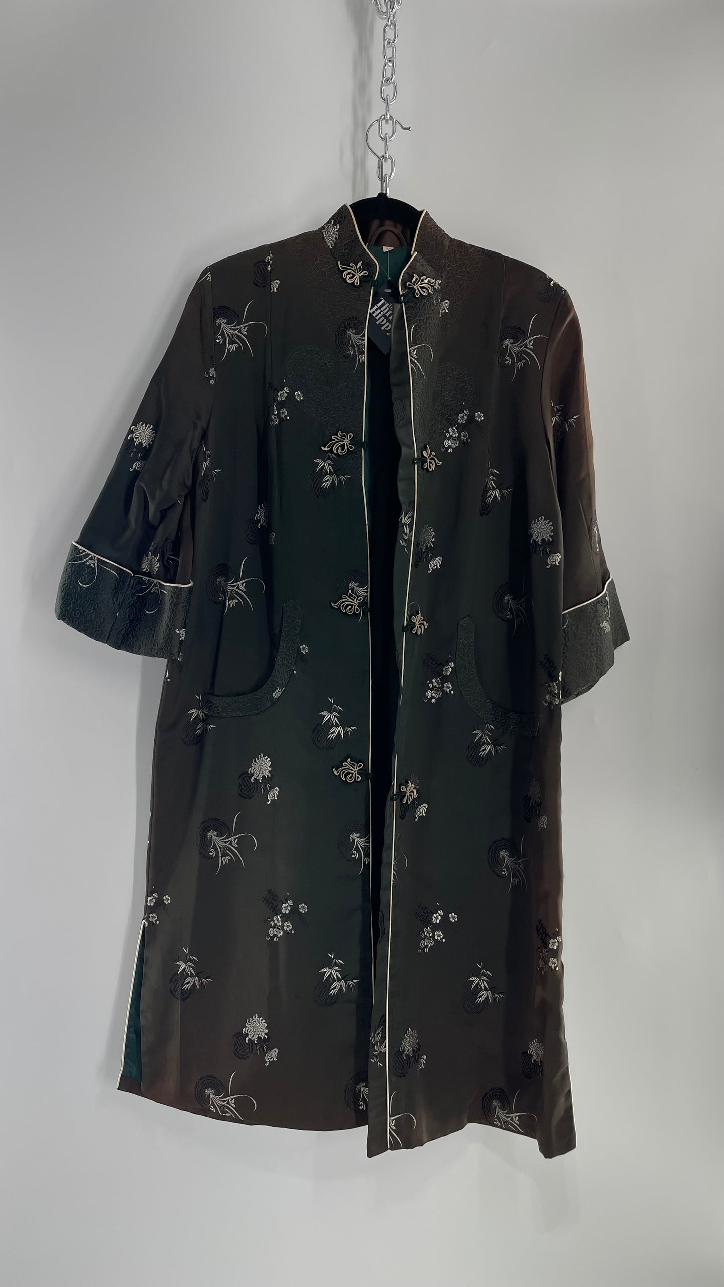 Vintage Hong Kong, Hand Made, Dark Green Silk Kimono Coat/Smoking Jacket (38)