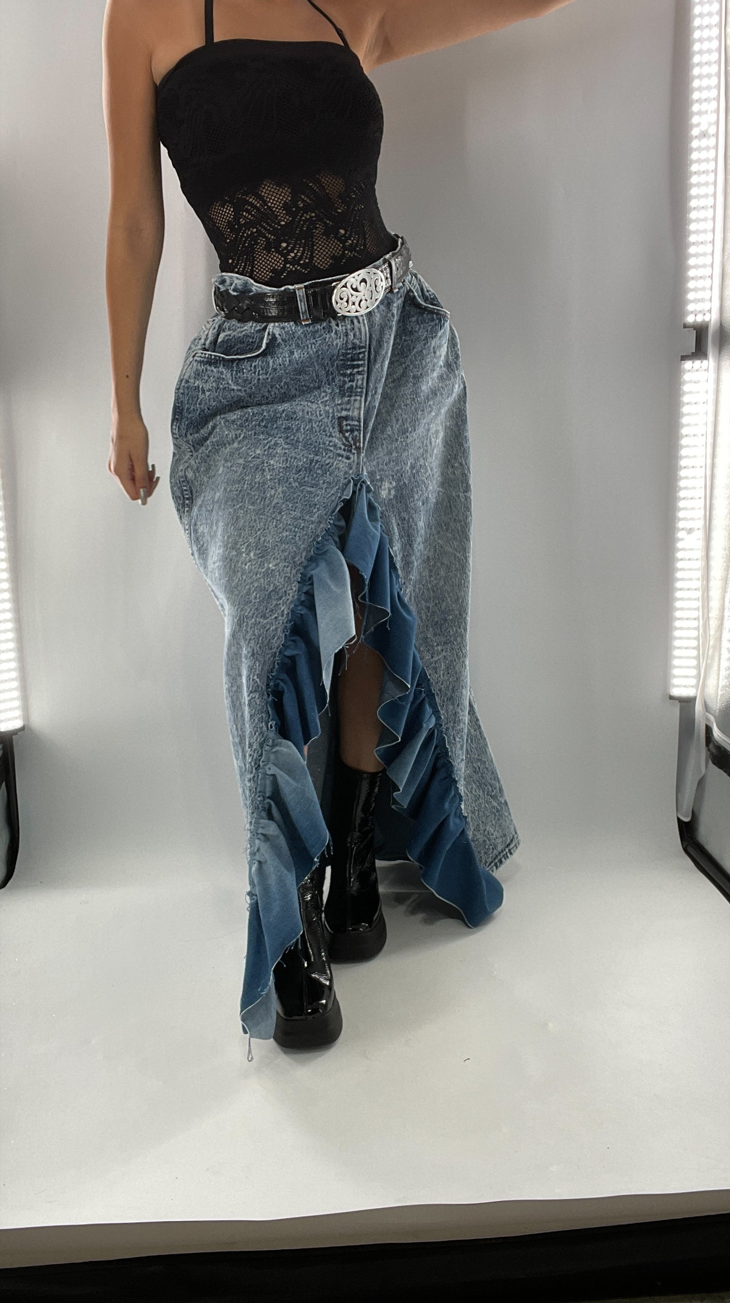 Custom Handmade Acid Wash Denim Slit Front Ruffled Skirt with Bow Bum (Large)