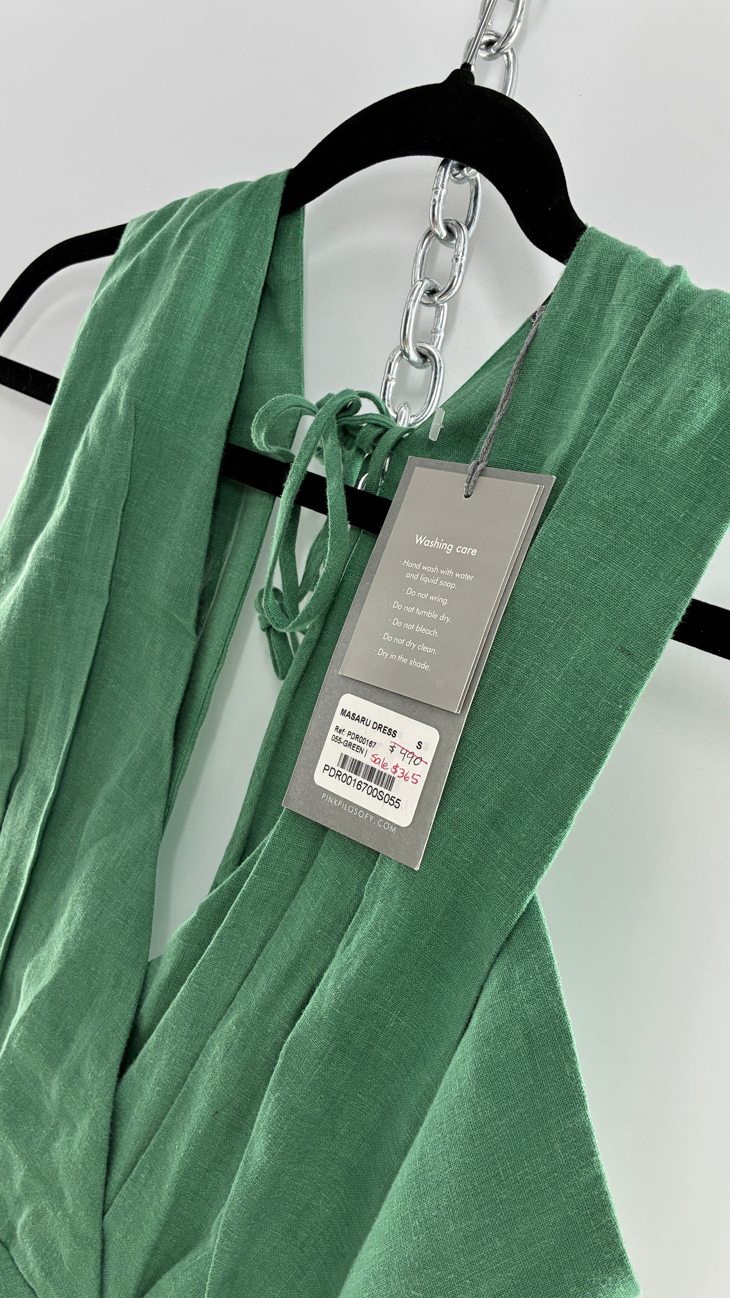 Pink Filosofy Masaru 100% Lino/Linen Green Tie Side Dress (Small)