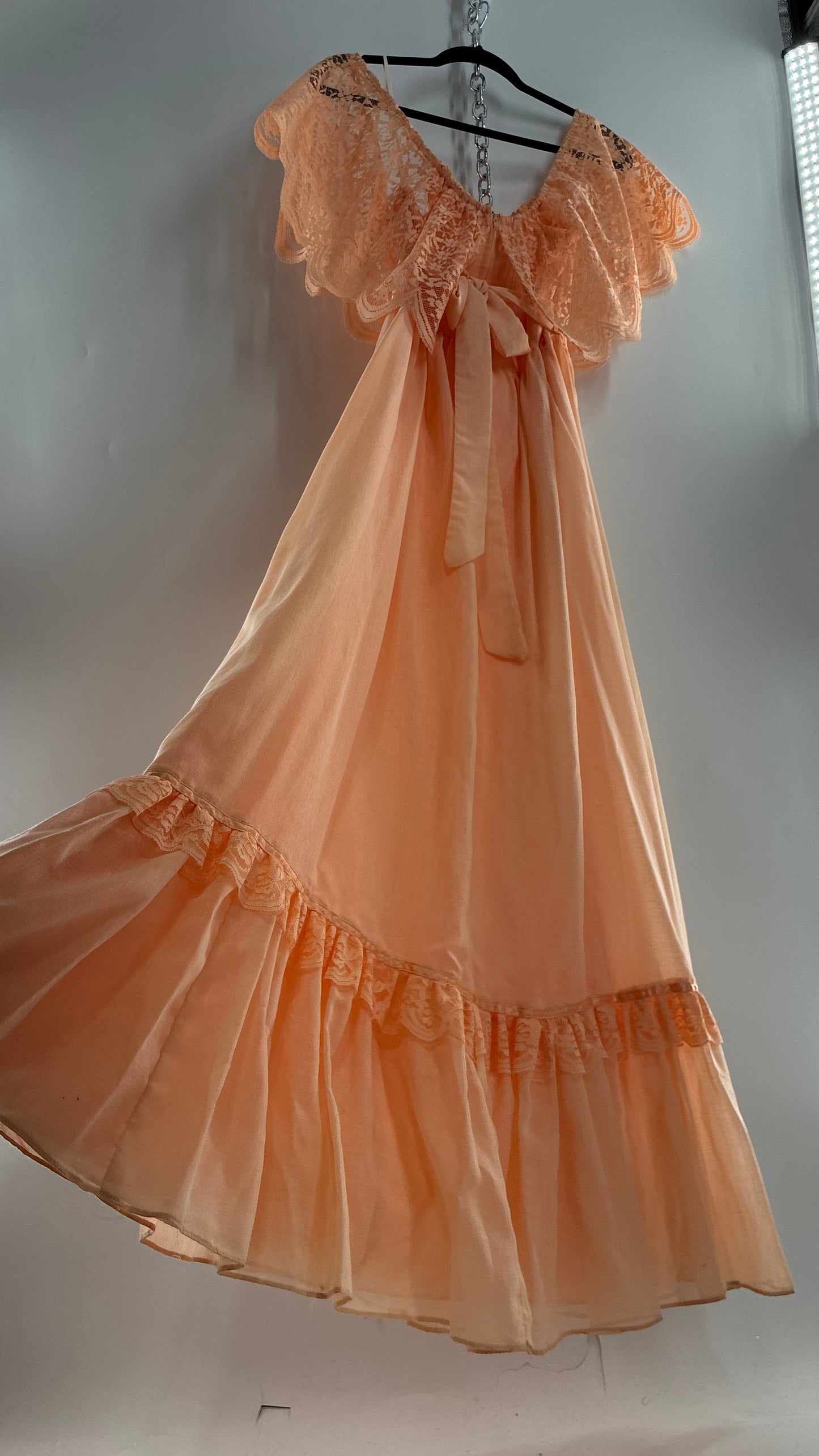 Vintage 1960s Ruffled Off the Shoulder Peach Full Length Voluminous Gown with Tie Back (9/10)