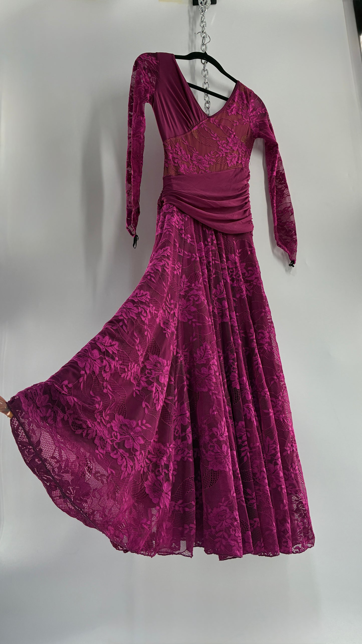 Vintage Fuchsia Flamenco, Lace and Mesh Paneled Gown with Gloved Hand Detail (Small)