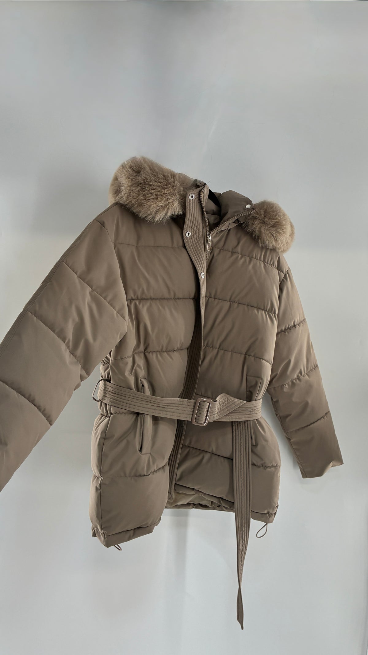 KATCH ME Taupe NWOT Bubble Coat with Exaggerated Vegan Fur Lined Hood NWOT (XL)