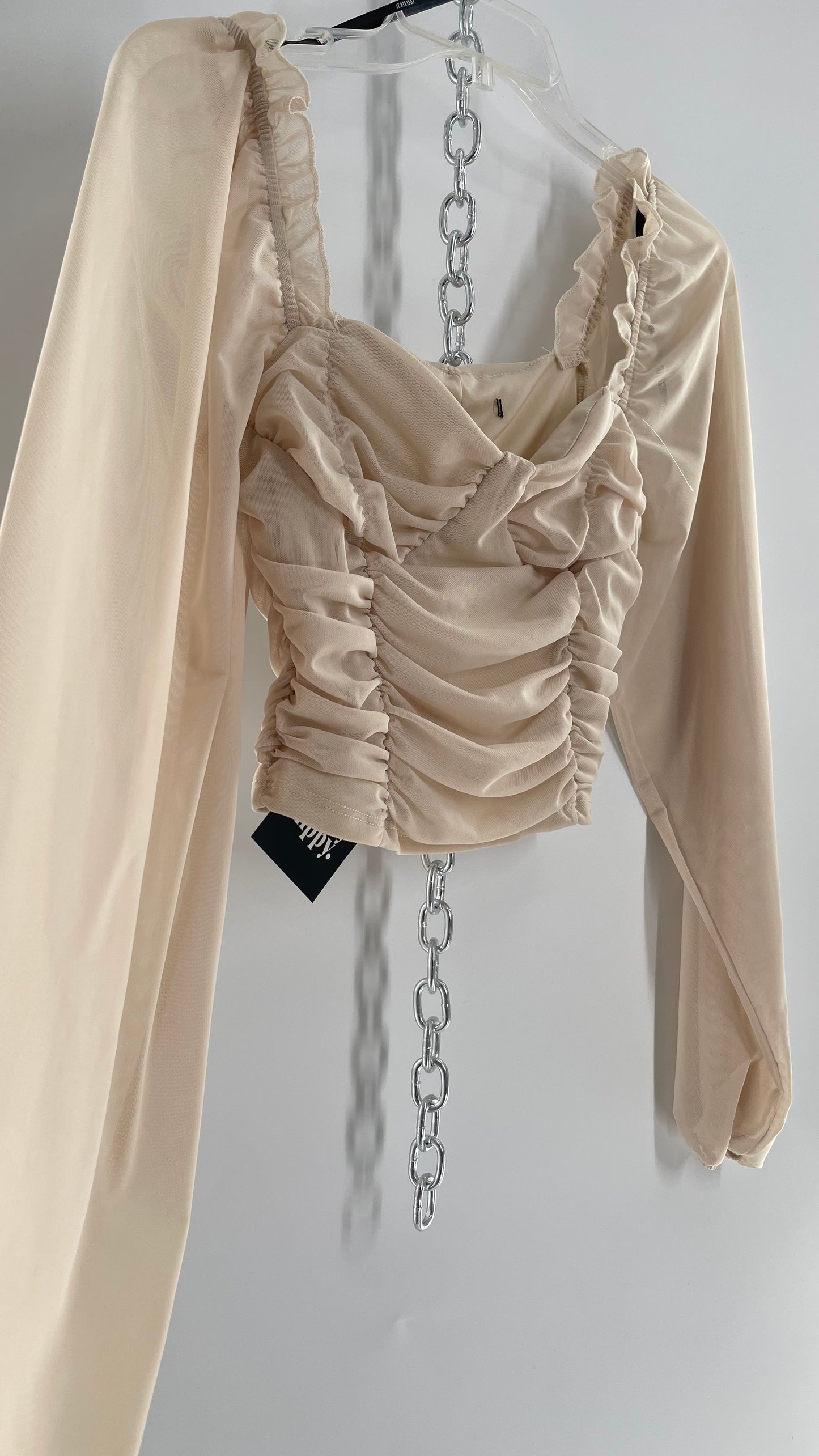 Beige Ruched Corseted Balloon Sleeve Blouse (Small)