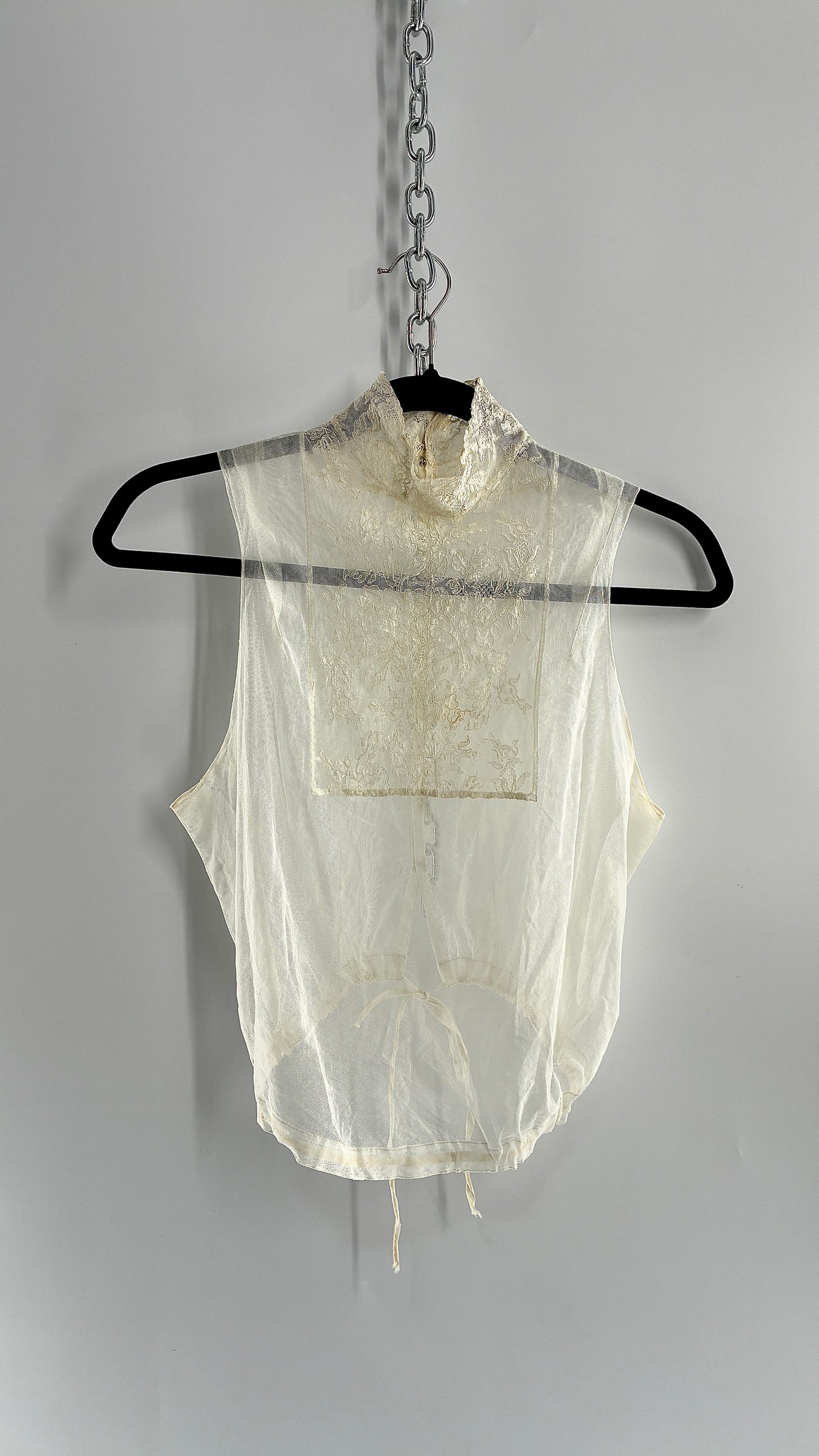 Vintage Antique Sheer Delicate Mesh, Mock Neck, Lace Paneled Camisole with Drawstring Waistline (XS/S)