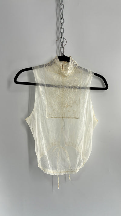 Vintage Antique Sheer Delicate Mesh, Mock Neck, Lace Paneled Camisole with Drawstring Waistline (XS/S)