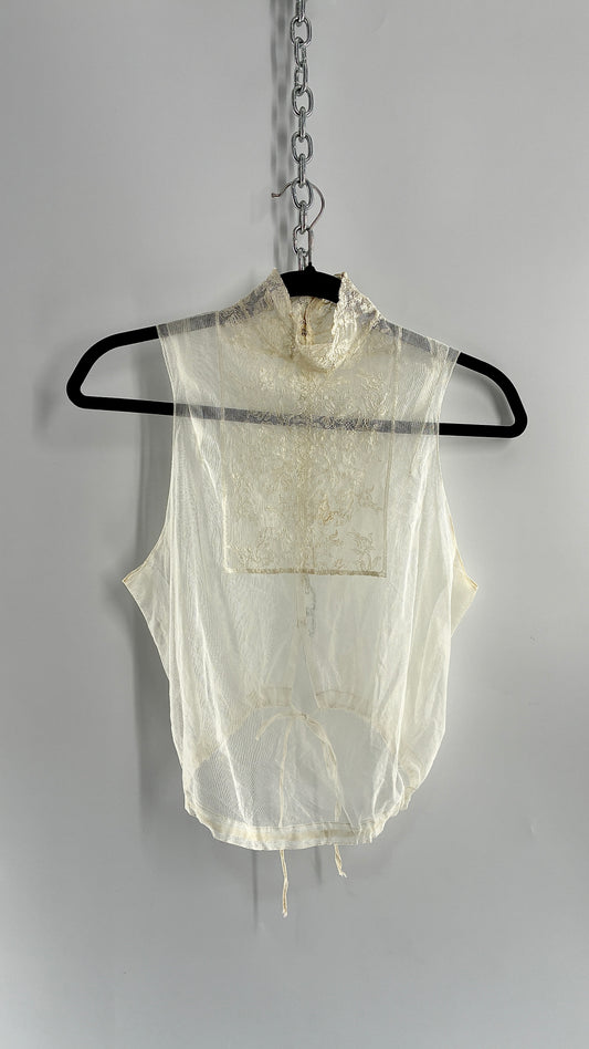 Vintage Antique Sheer Delicate Mesh, Mock Neck, Lace Paneled Camisole with Drawstring Waistline (XS/S)