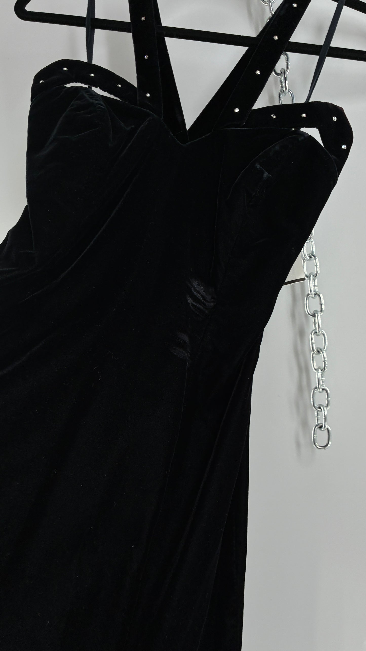 Vintage Handmade Velvet Gown with Pointed Bust Lined in Rhinestones and Dramatic Side Slit (S/M)