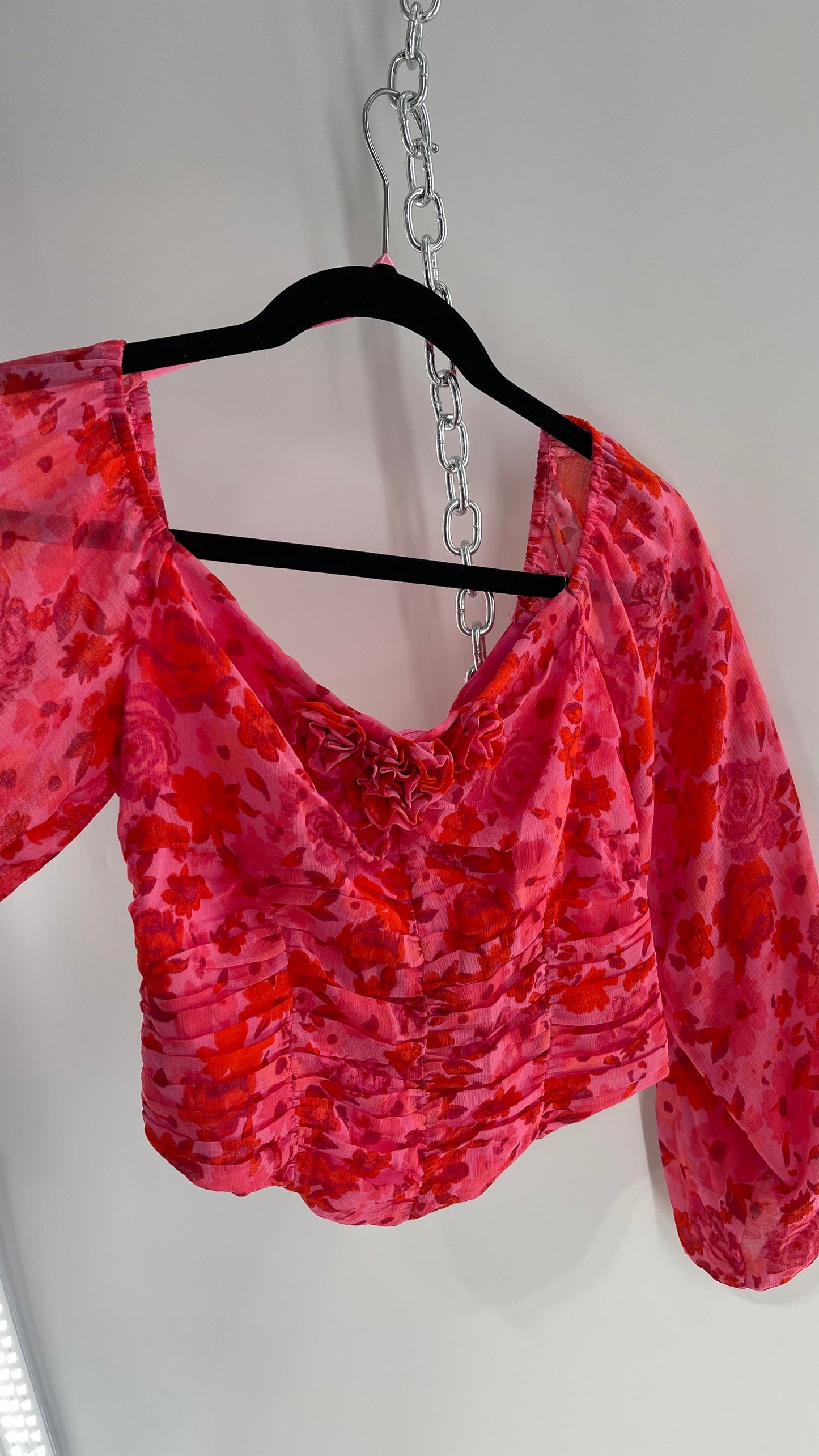 Free People Cropped Floral Blouse with Ruched Body, Balloon Sleeves and Appliqué Rosette Bustline with Tags Attached (XS)