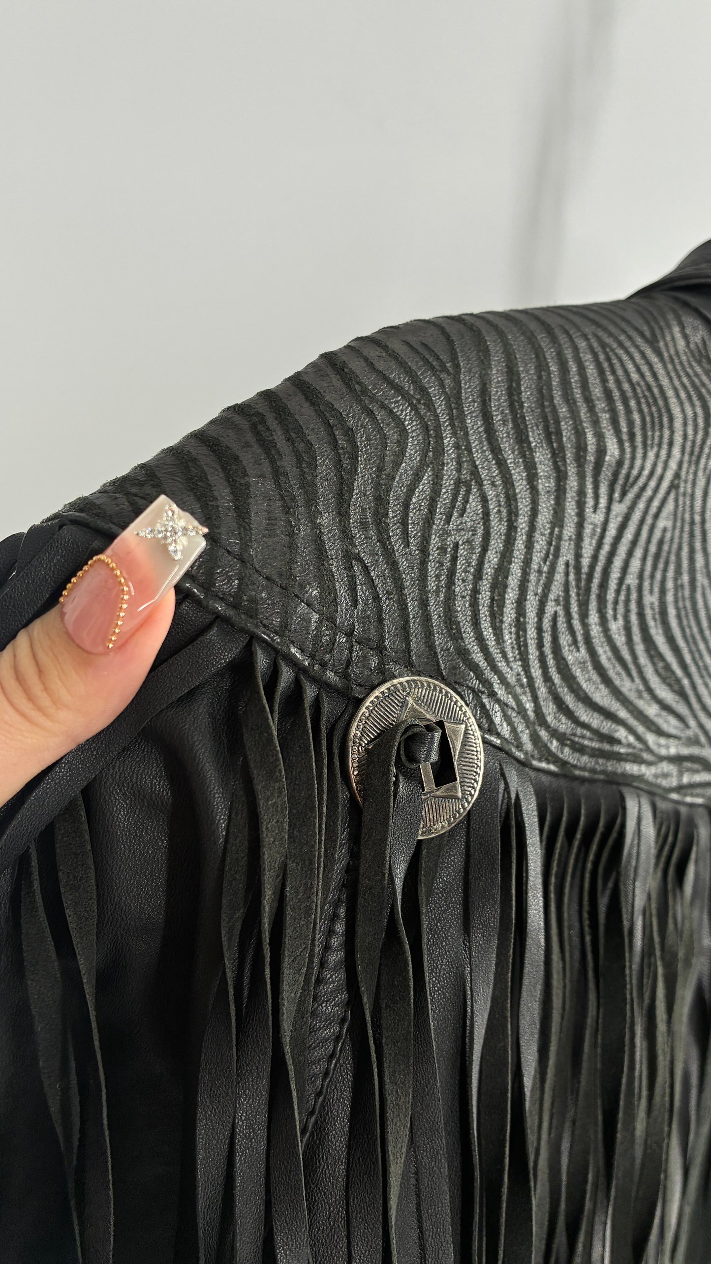 Vintage BERMAN’S Black Genuine Leather Fringe Motorcycle Jacket with Tie Up Cuffs (Large)