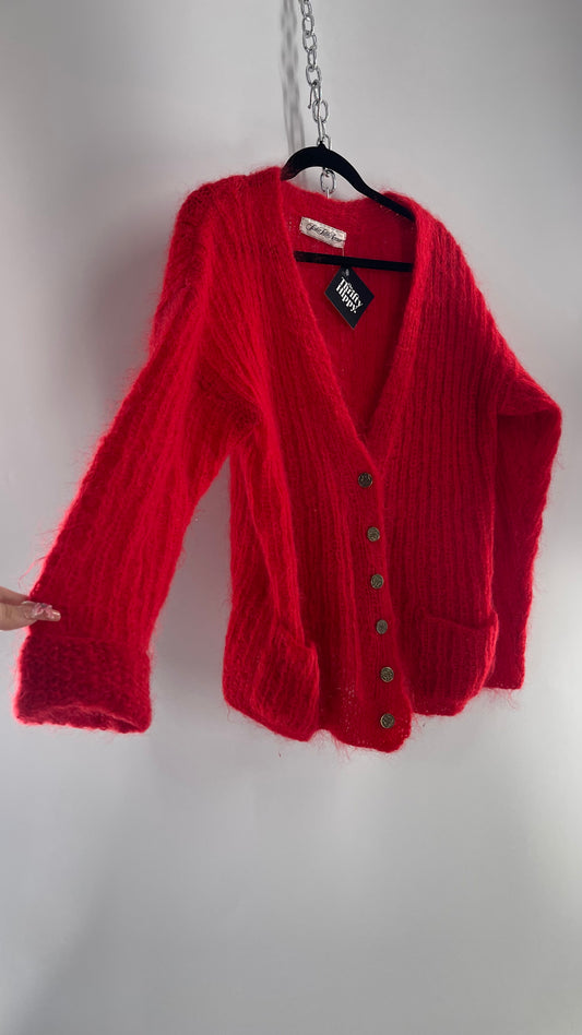 Saks Fifth Avenue Red Wool Knit Sweater with Embossed Bronze Buttons (M/L)