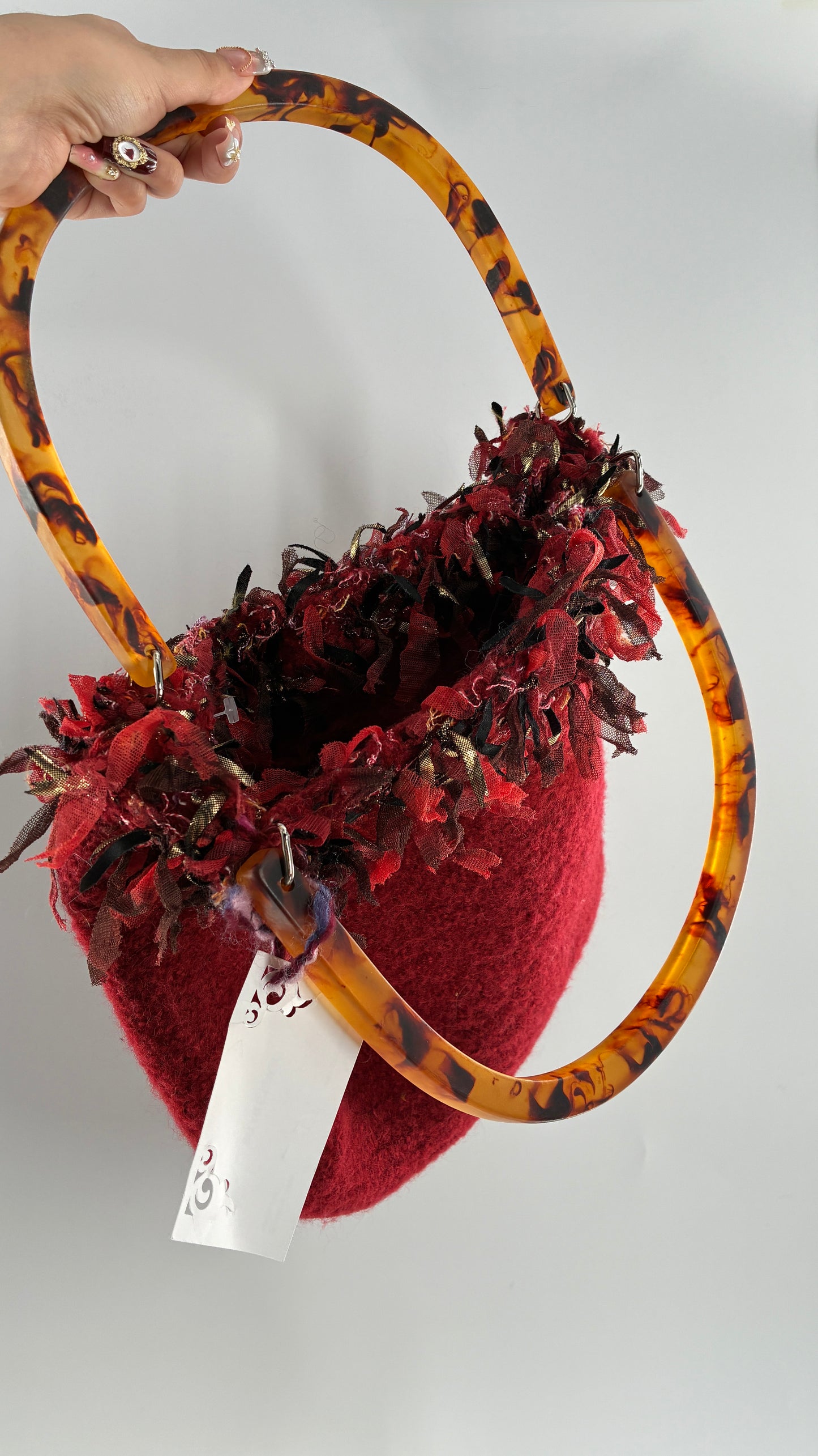 Vintage Handmade Handwoven Red Bag with Tags, Fringe Detailing and Tortoise Shell Handle