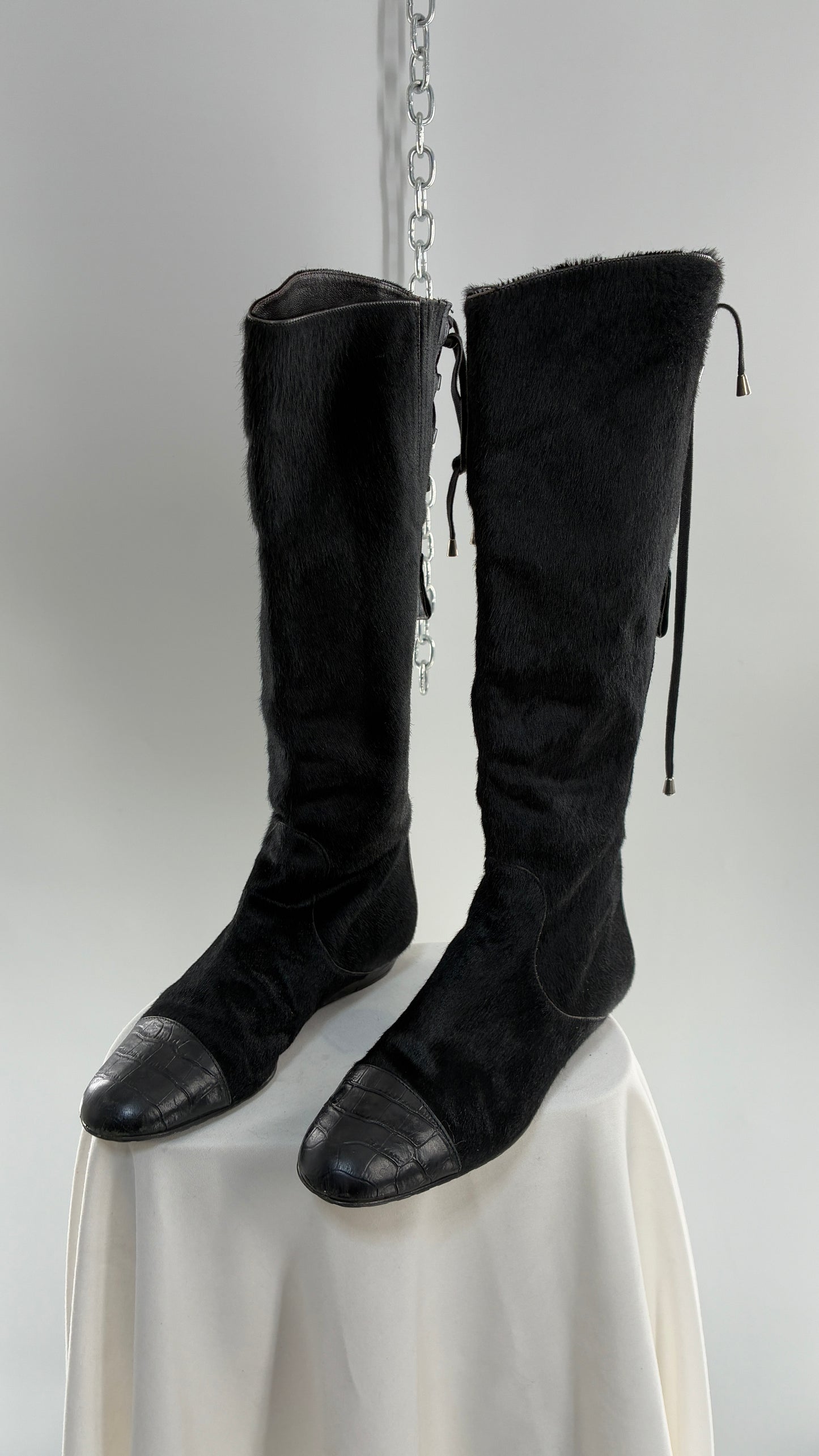 Vintage MIGLIORINI Black Genuine Calf Hair/Fur Boots with Heel, Made in Italy (7.5)