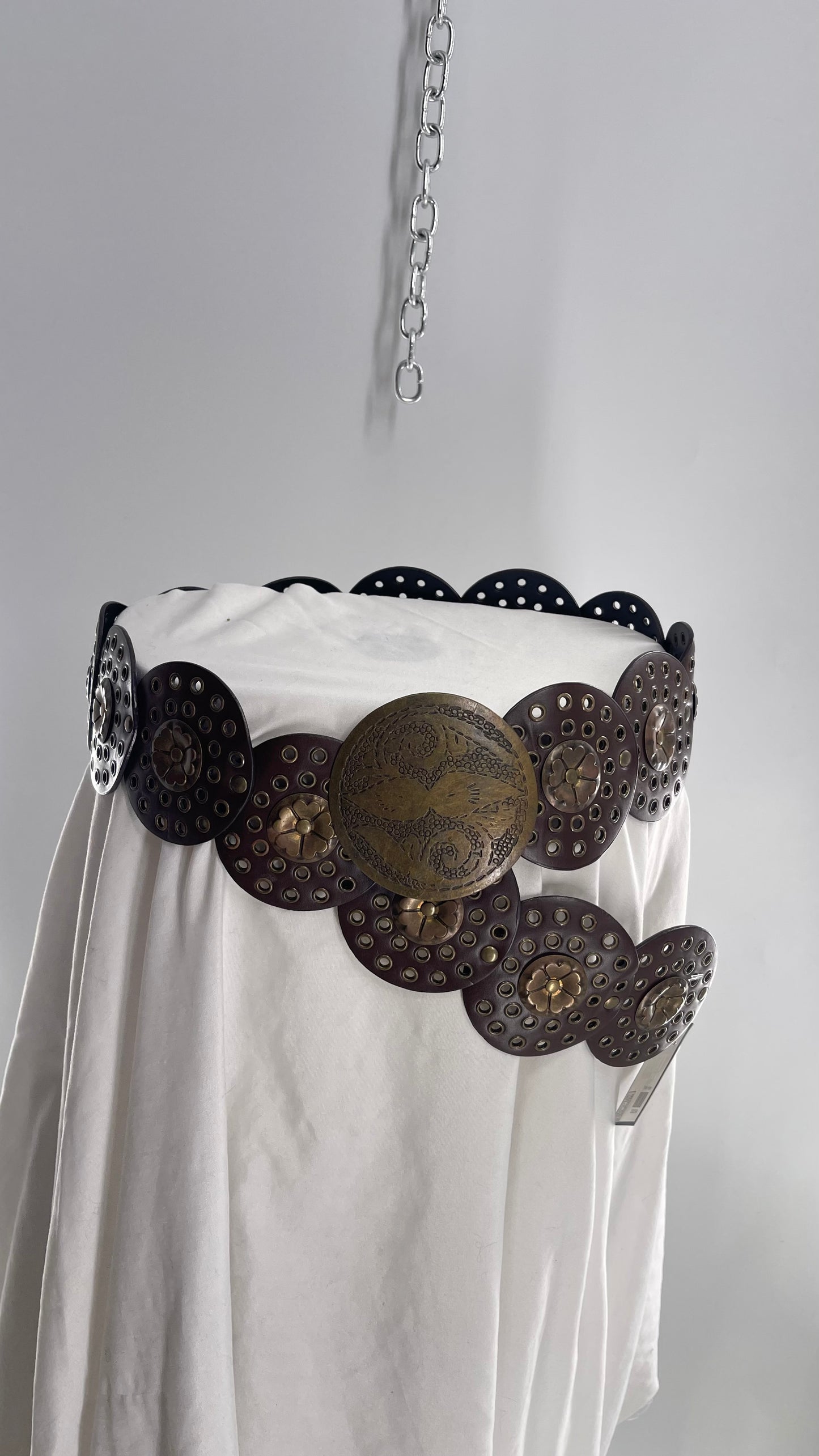 Vintage 1990s Oversized Concho Circle Belt with Grommets and Embossed Metal Flowers (One Size)