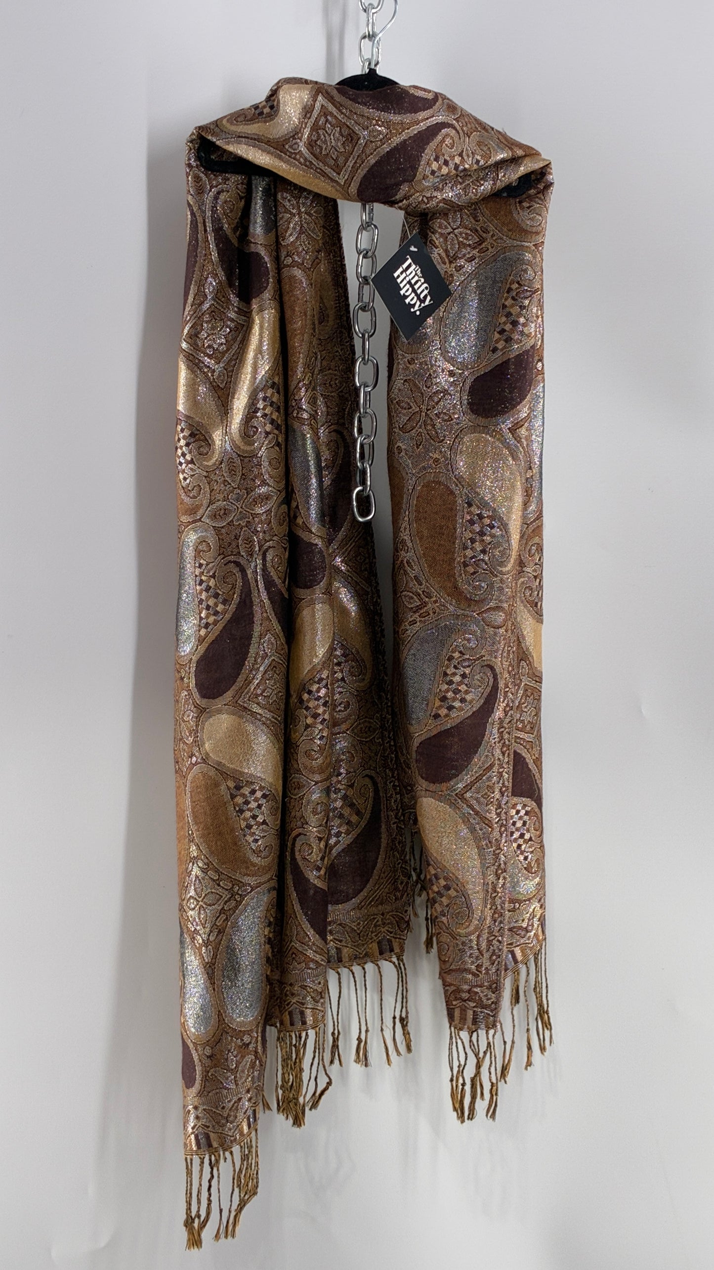 Vintage Paisley Metallic Knit Bronze and Silver Scarf