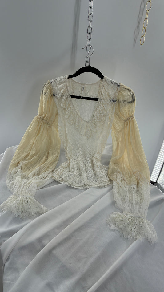 ANTHROPOLOGIE Lace Bubble Sleeve Crepe Blouse (Medium)
