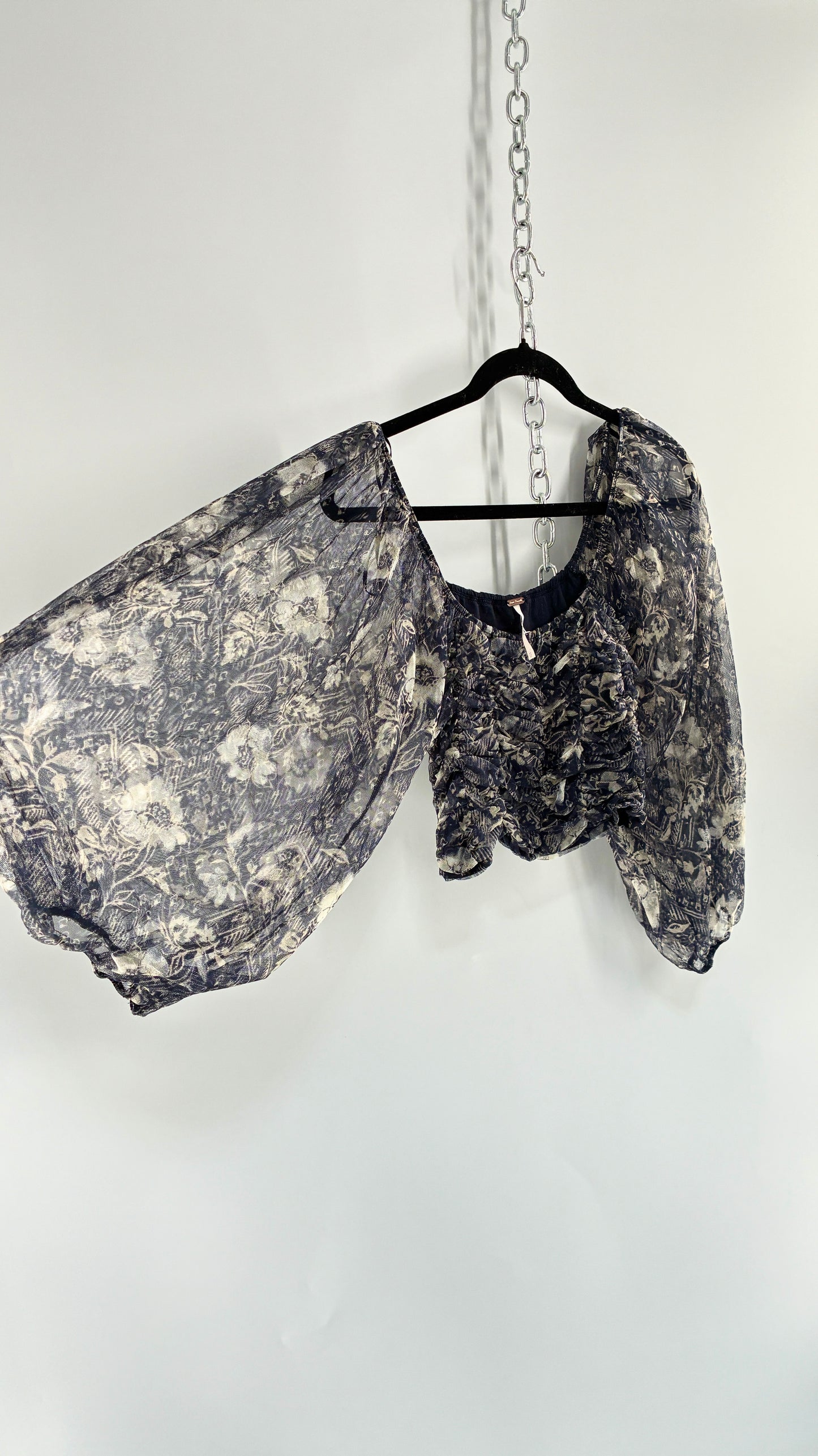 Free People Denim Blue Balloon Sleeve Mesh Ruched Blouse (Medium)