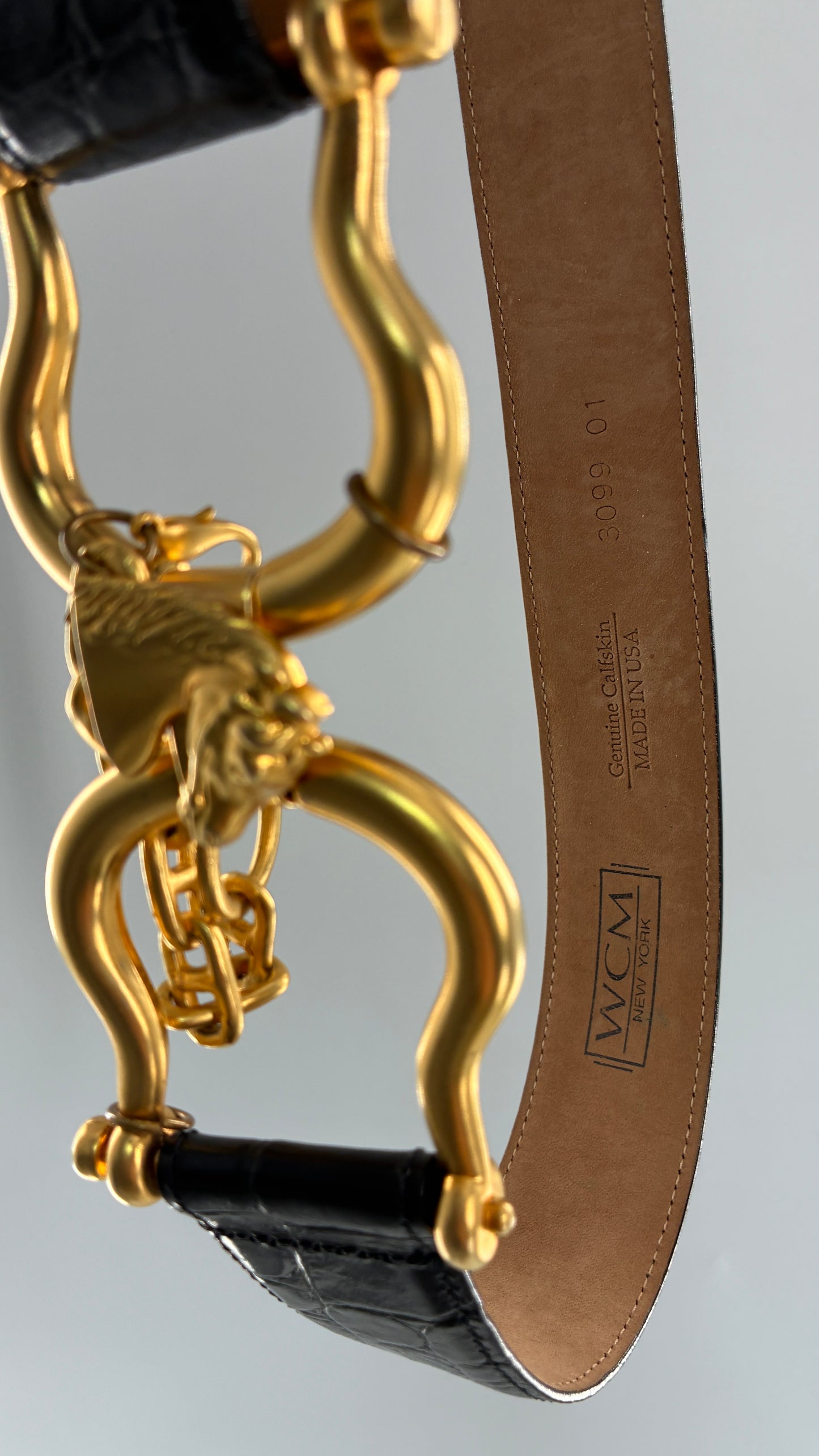 Vintage WCM New York Genuine Calfskin Belt with Golden Sculptural Horse Head Door-Knocker Buckle and Chain Detail  (Medium)