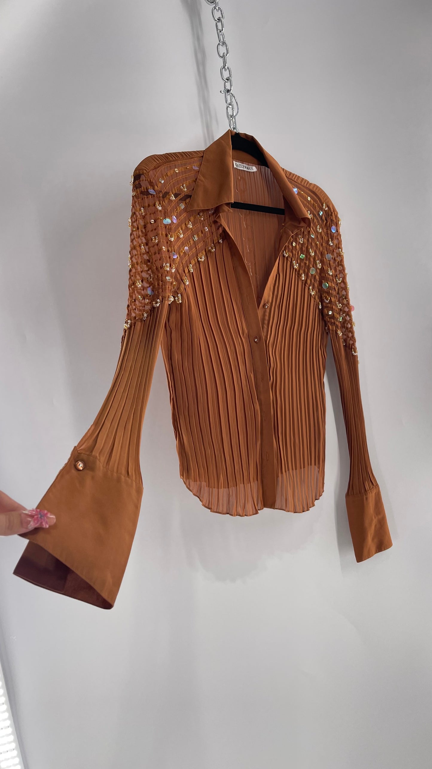 VINTAGE KAELYN-MAX Orange Brown Pleated Blouse with Beaded Embellishments (Medium)