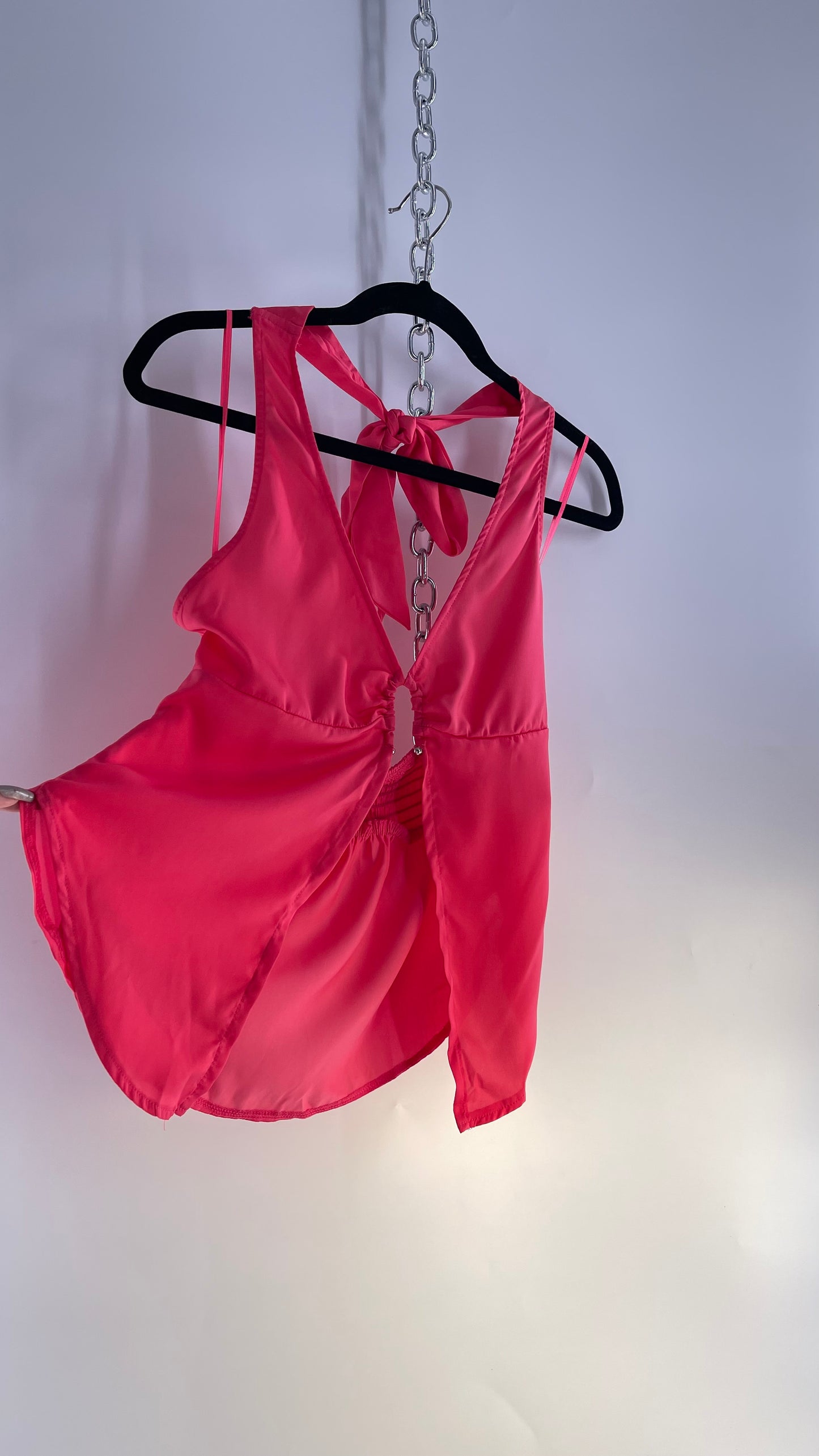 Free People Hot Pink Silky Vented Halter with Silver Metal Bust Detail (Small)