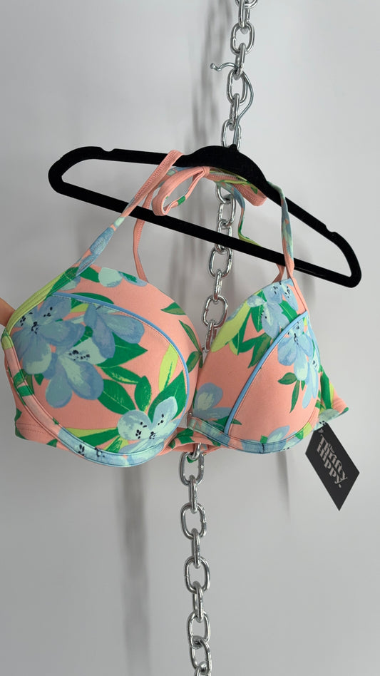 AERIE Peach Underwire Halter Bikini Top with Tropical Florals (34C)