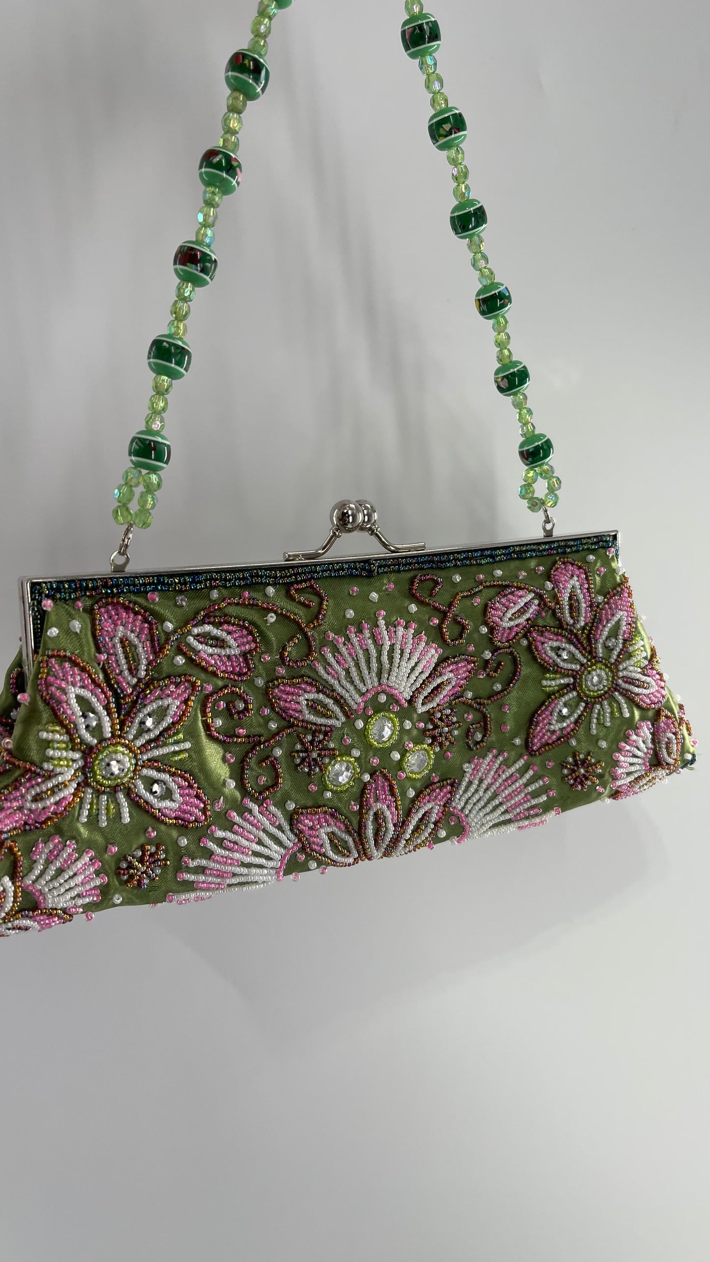 Vintage 1990s Fashion Express Beaded Green/Pink Purse