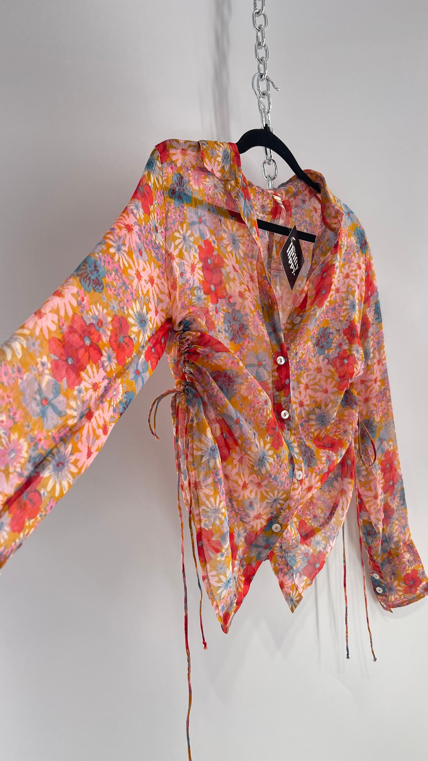 Free People Sheer Orange Floral Button Up with Ruched Sides (XS)