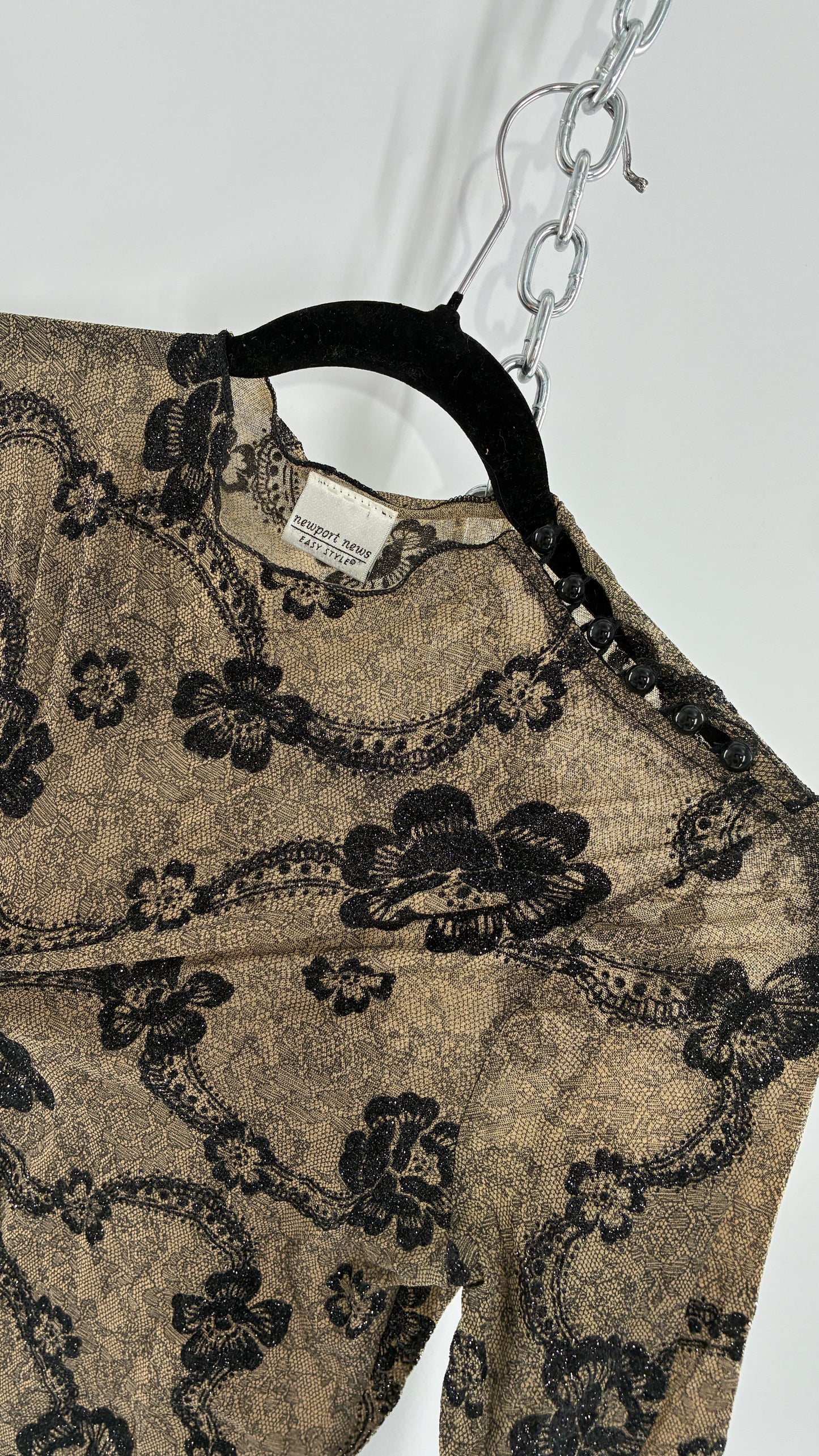 Vintage NEWPORT NEWS Sheer Lace Top with Glitter Floral Design (S/M)