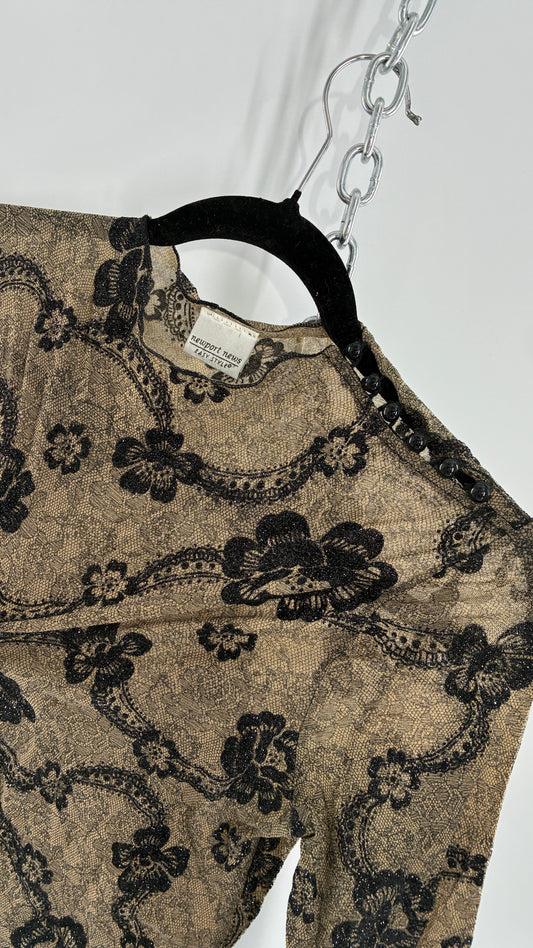 Vintage NEWPORT NEWS Sheer Lace Top with Glitter Floral Design (S/M)