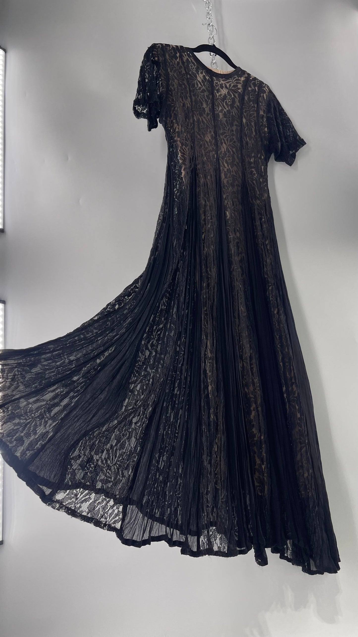 Nostalgia Vintage Black Lace Gown with Pleated Vents and Beige Underlay (Small)