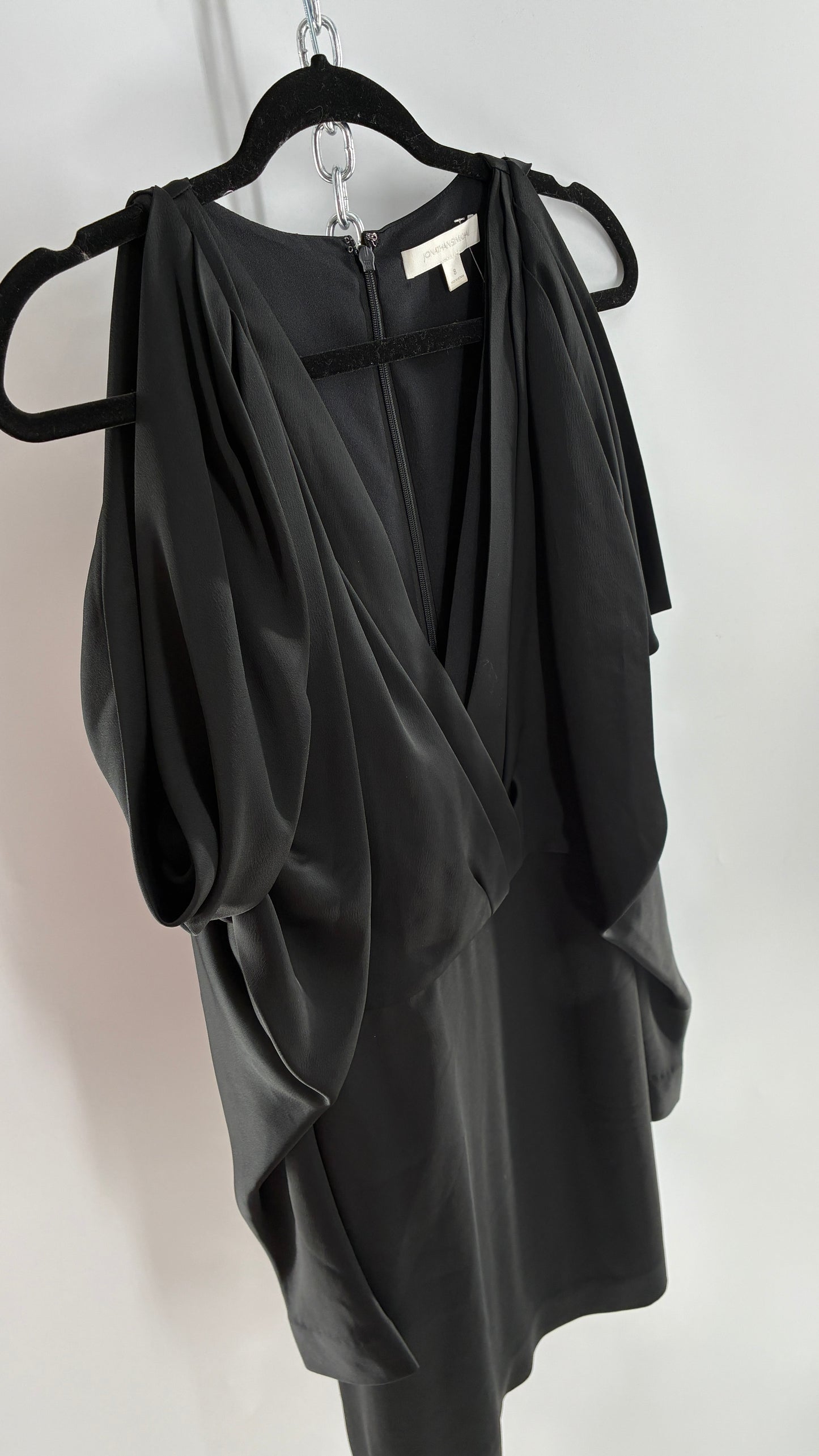 JONATHAN SIMKHAI Black Silky Mini Dress with Exaggerated, Draped Cold Shoulders (8)