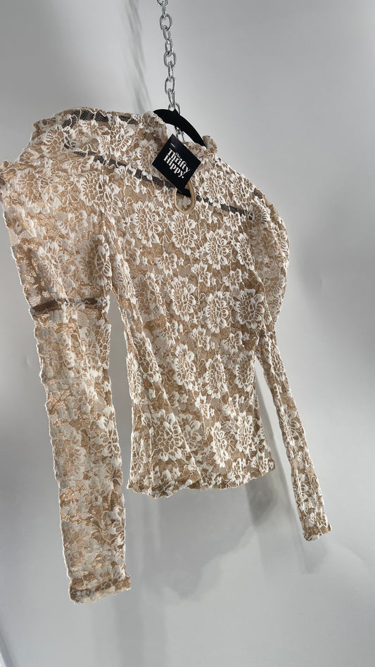 DOLAN Puff Shoulder Ruffle Neckline Tan/White Lace Long Sleeve with Tags Attached(XS)