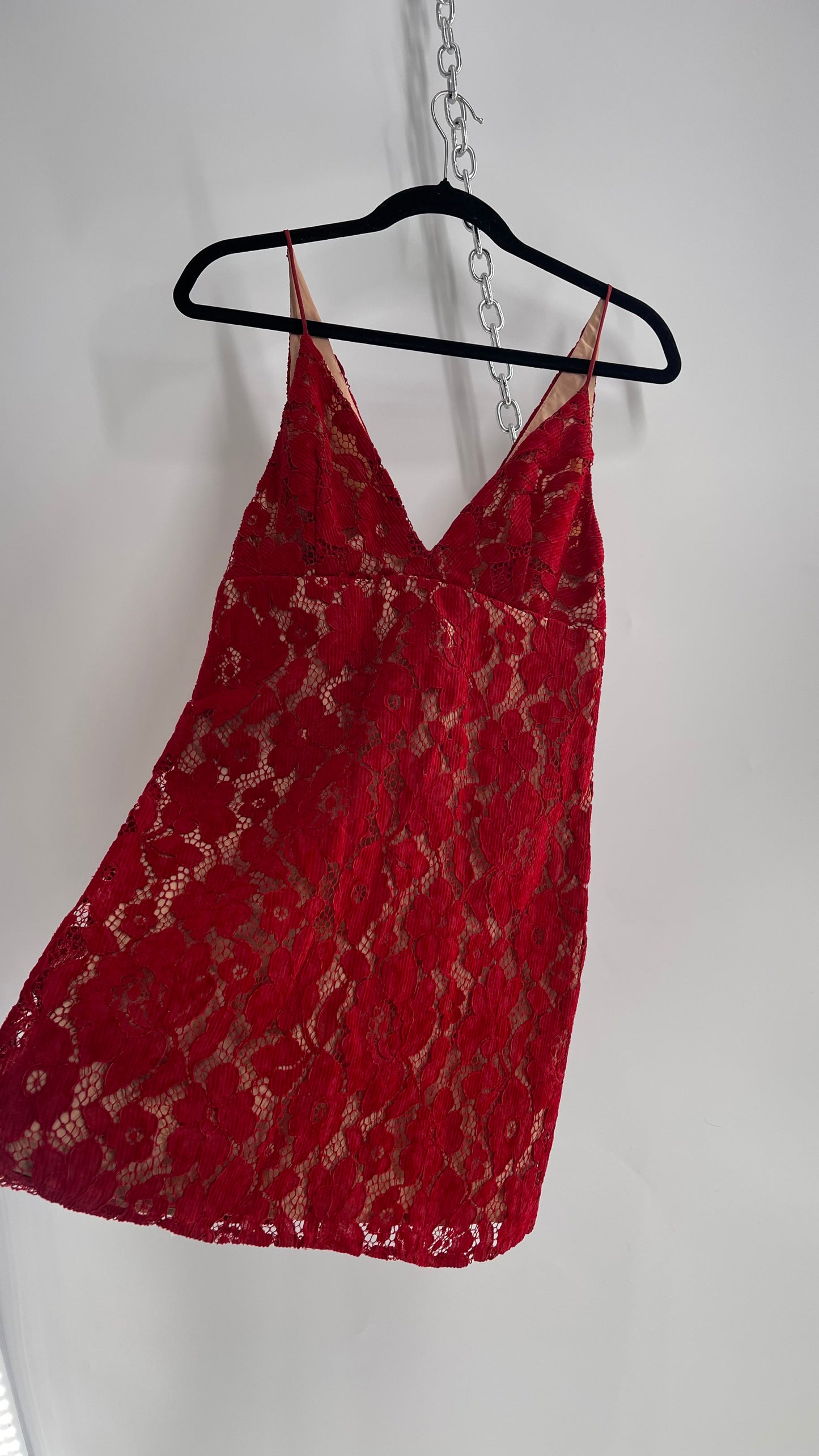 Free People Red Corduroy Lace Mini Dress with Neutral Underlay (0)