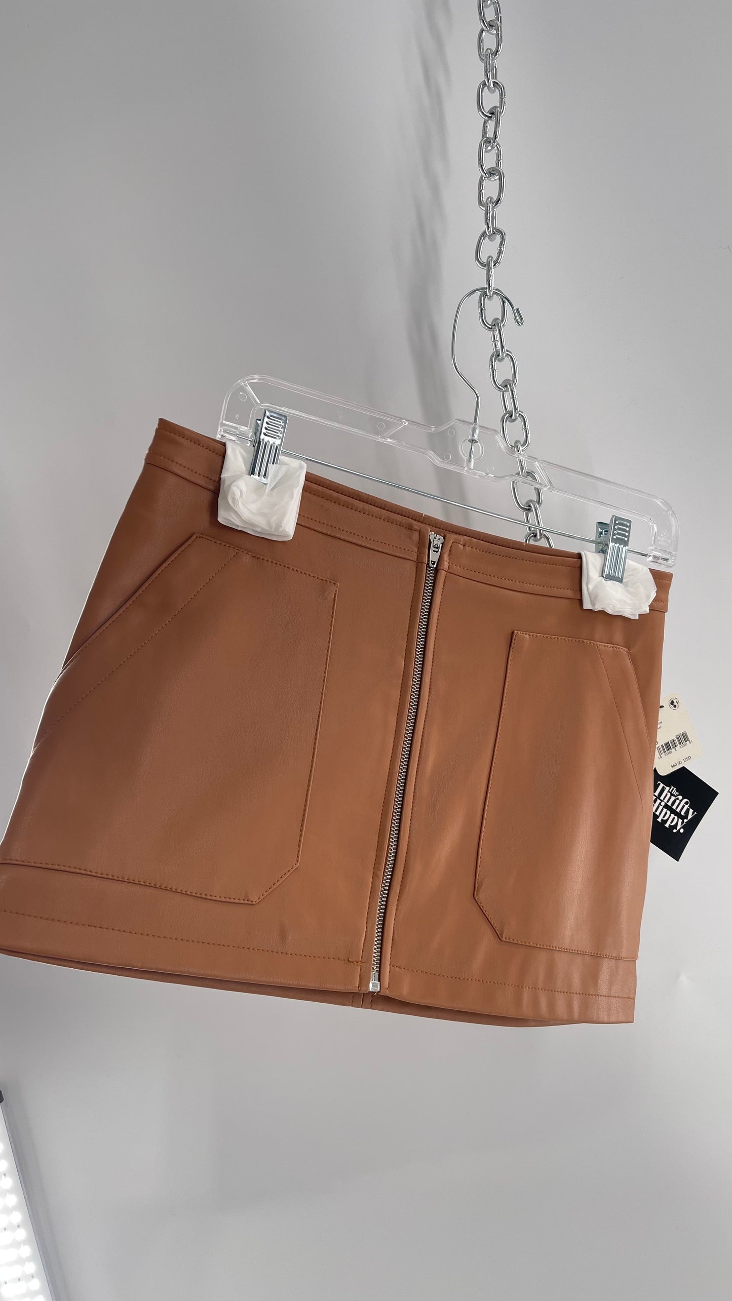 Free People Cognac Brown Vegan Leather Zip Front Skirt with Tags Attached (6)