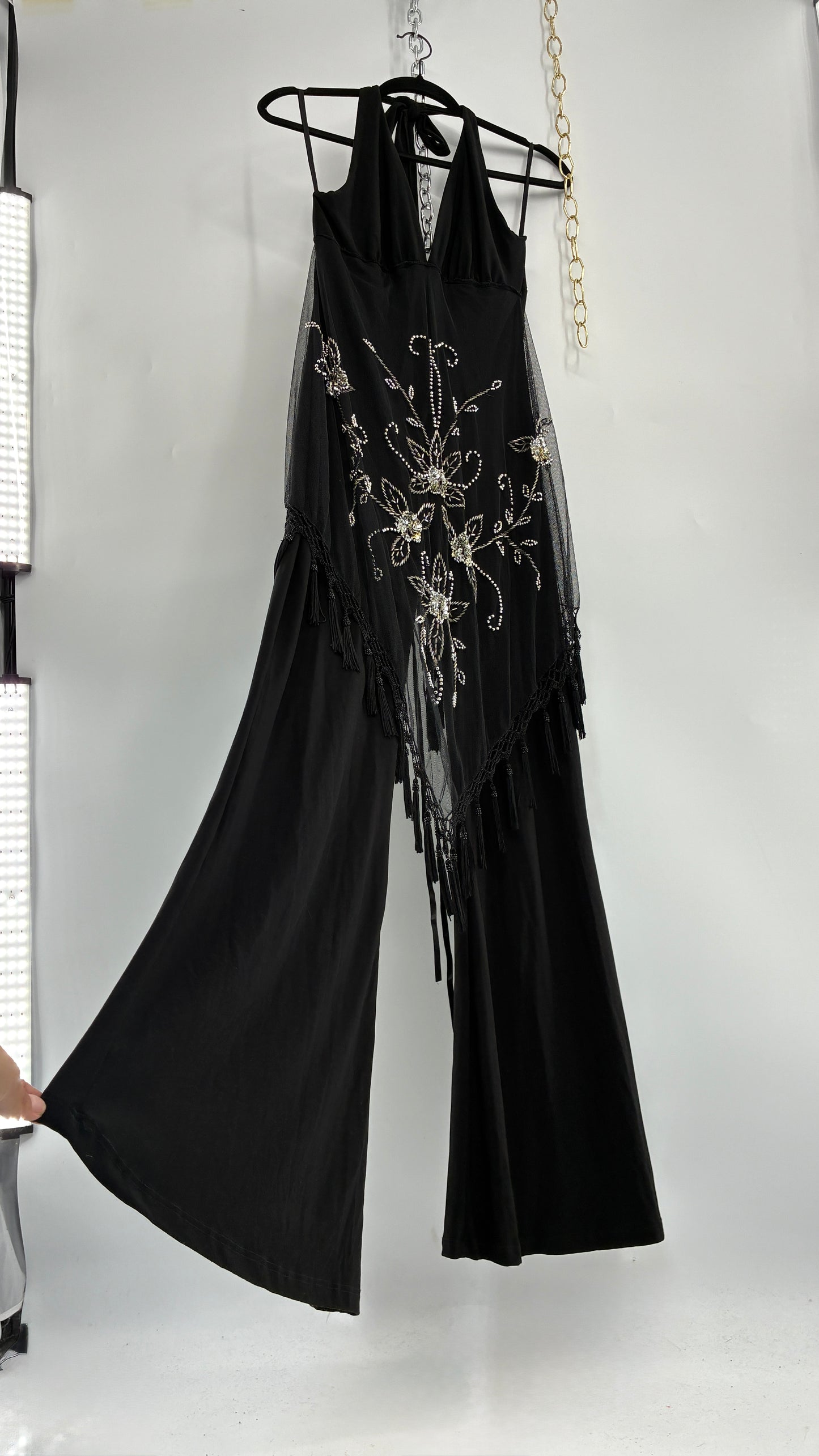 Vintage JANICE Black Jumpsuit with Fringe Embroidered Waist Detail (Large)