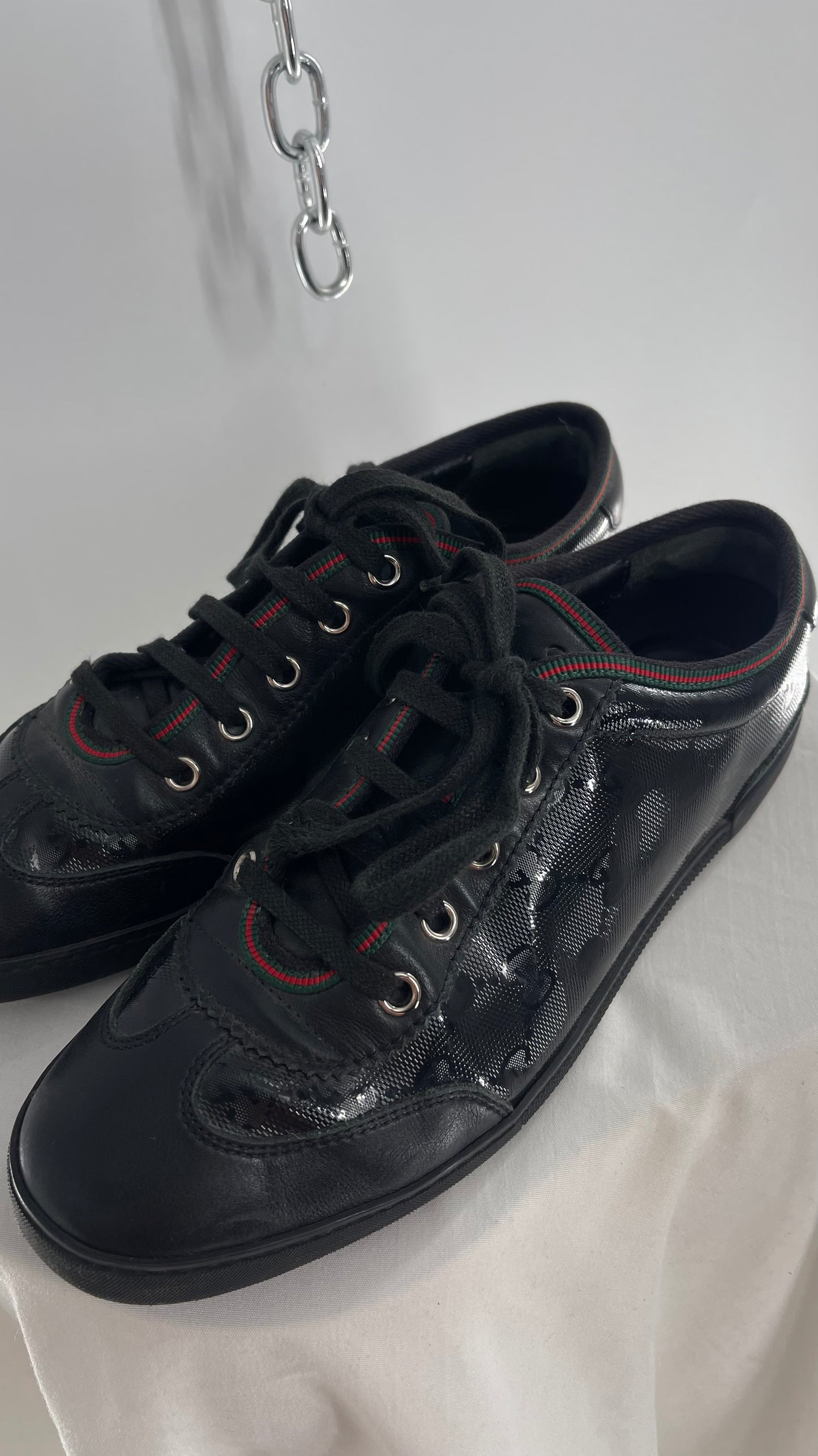 Vintage GUCCI Worn Black Leather Monogram Low Top Sneakers with Red/Green Iconic Trim (37)