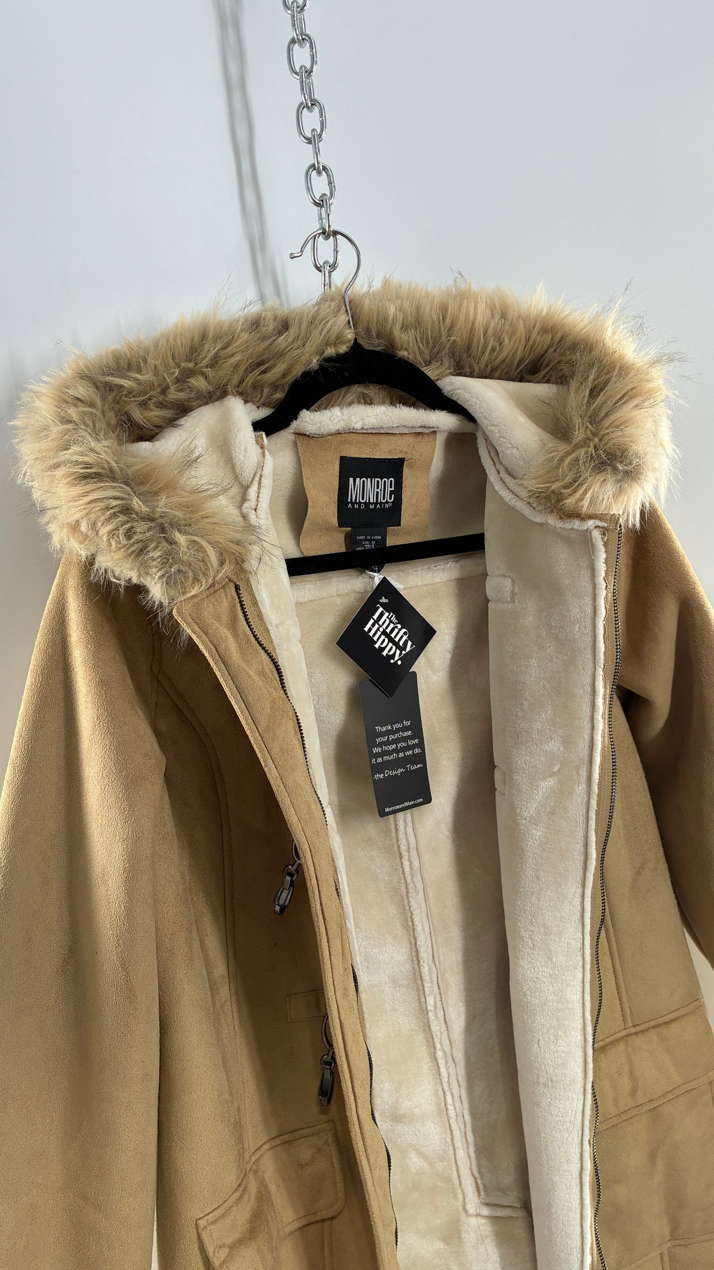 Deadstock Vintage MONROE AND MAIN Vegan Suede Coat with Fur Cuffs and Hood, Tags Attached (Medium)