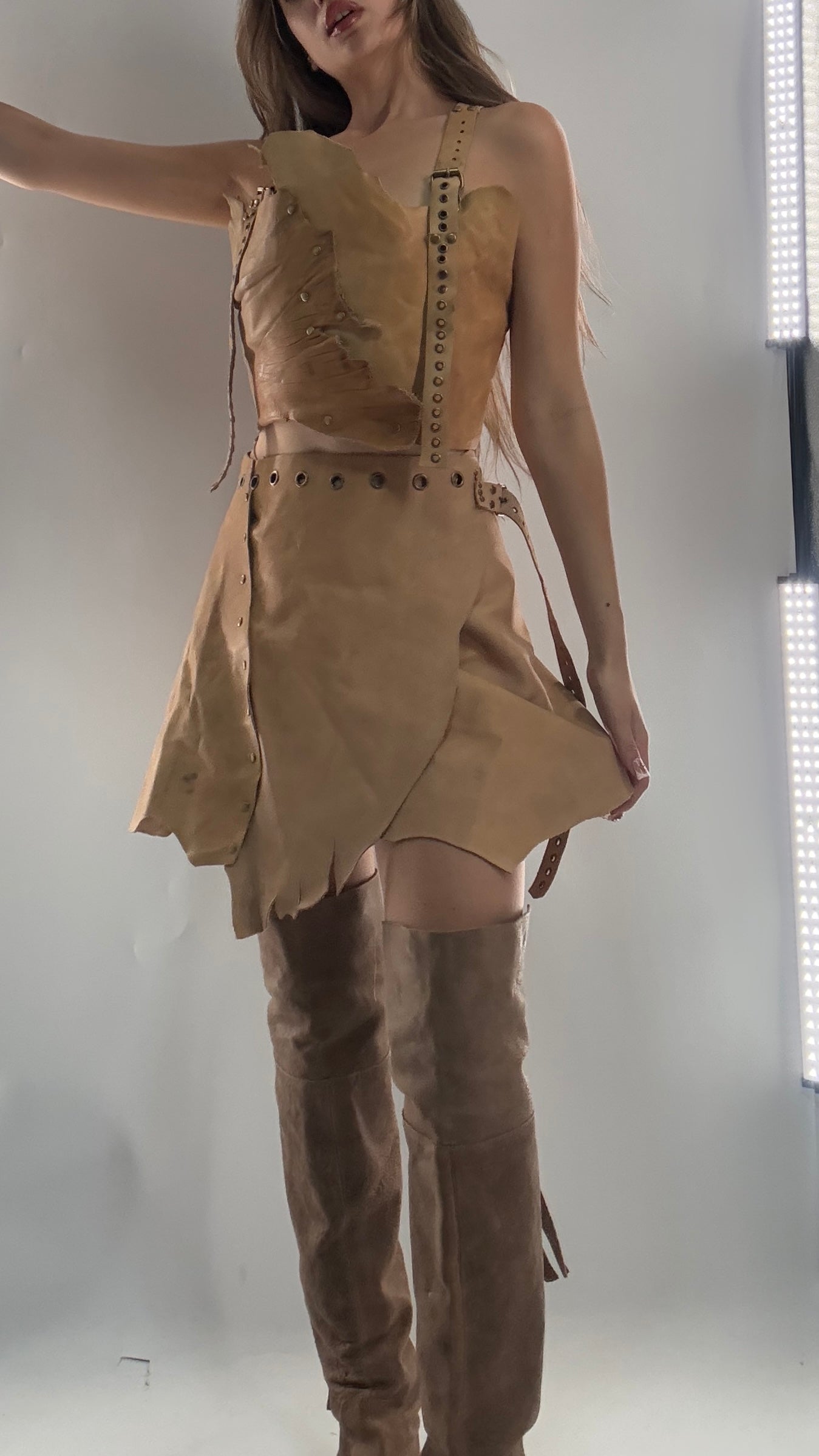 CUSTOM Handmade Rugged and Reversible Distressed Leather Two Piece Set with Grommet Waistband (XS-XL)