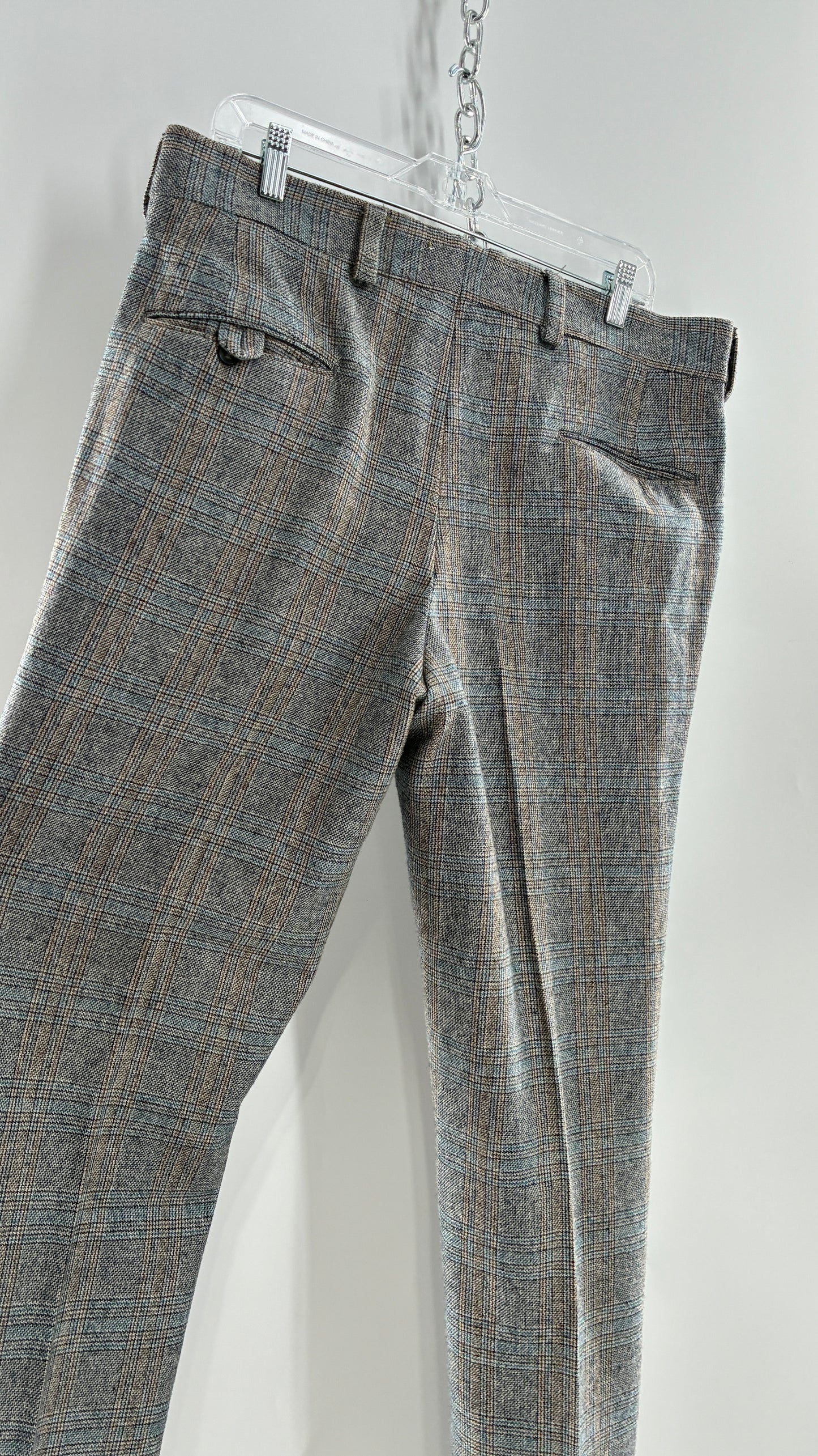 Vintage Handmade Wool Blend Woven Men’s Tailored Trousers with Grey Blue Plaid Pattern (35x32)