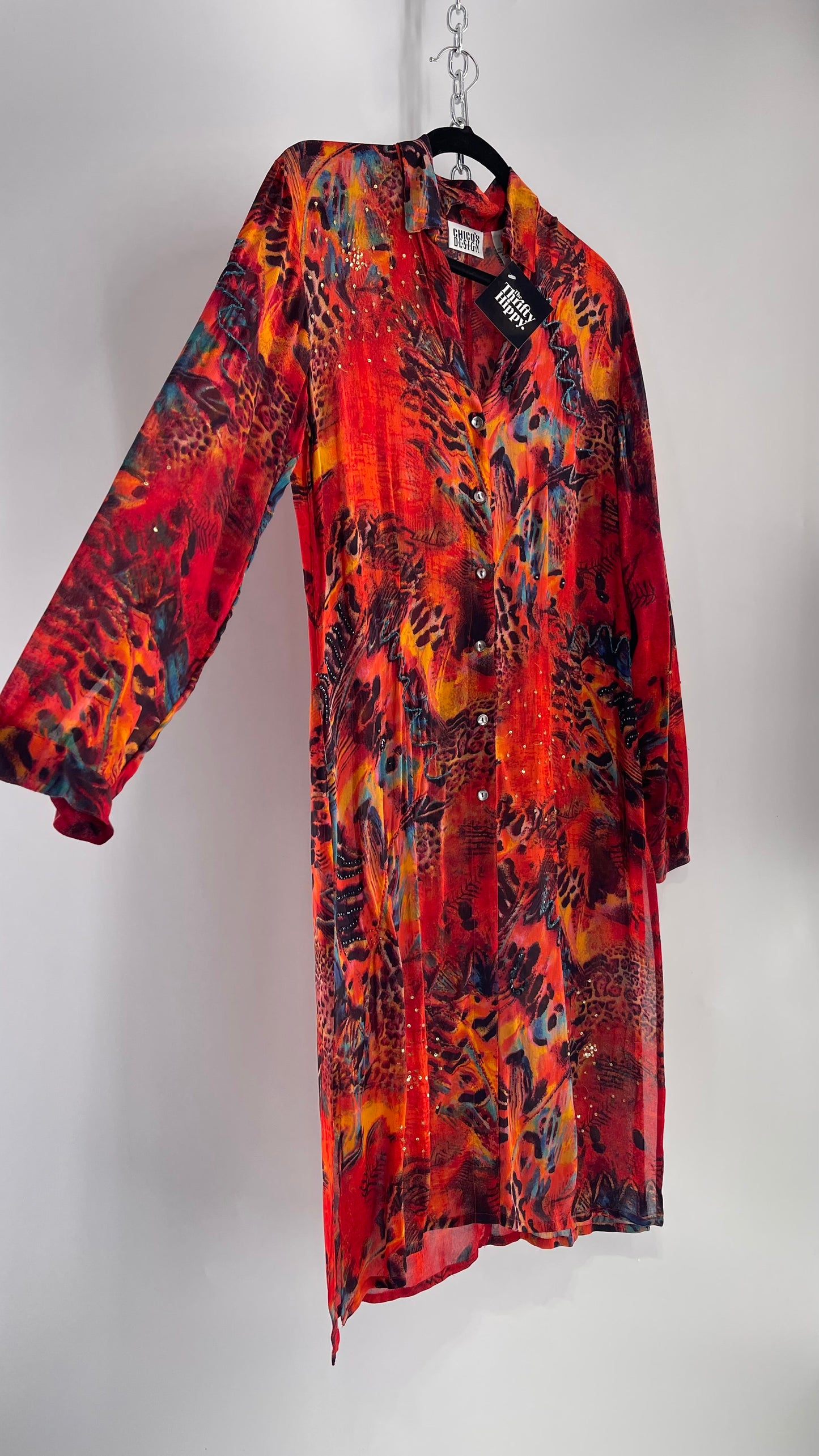 Vintage CHICOs Burnt Orange Sheer Duster Coat with Mixed Animal Print and Embroidery/Beading (XL)