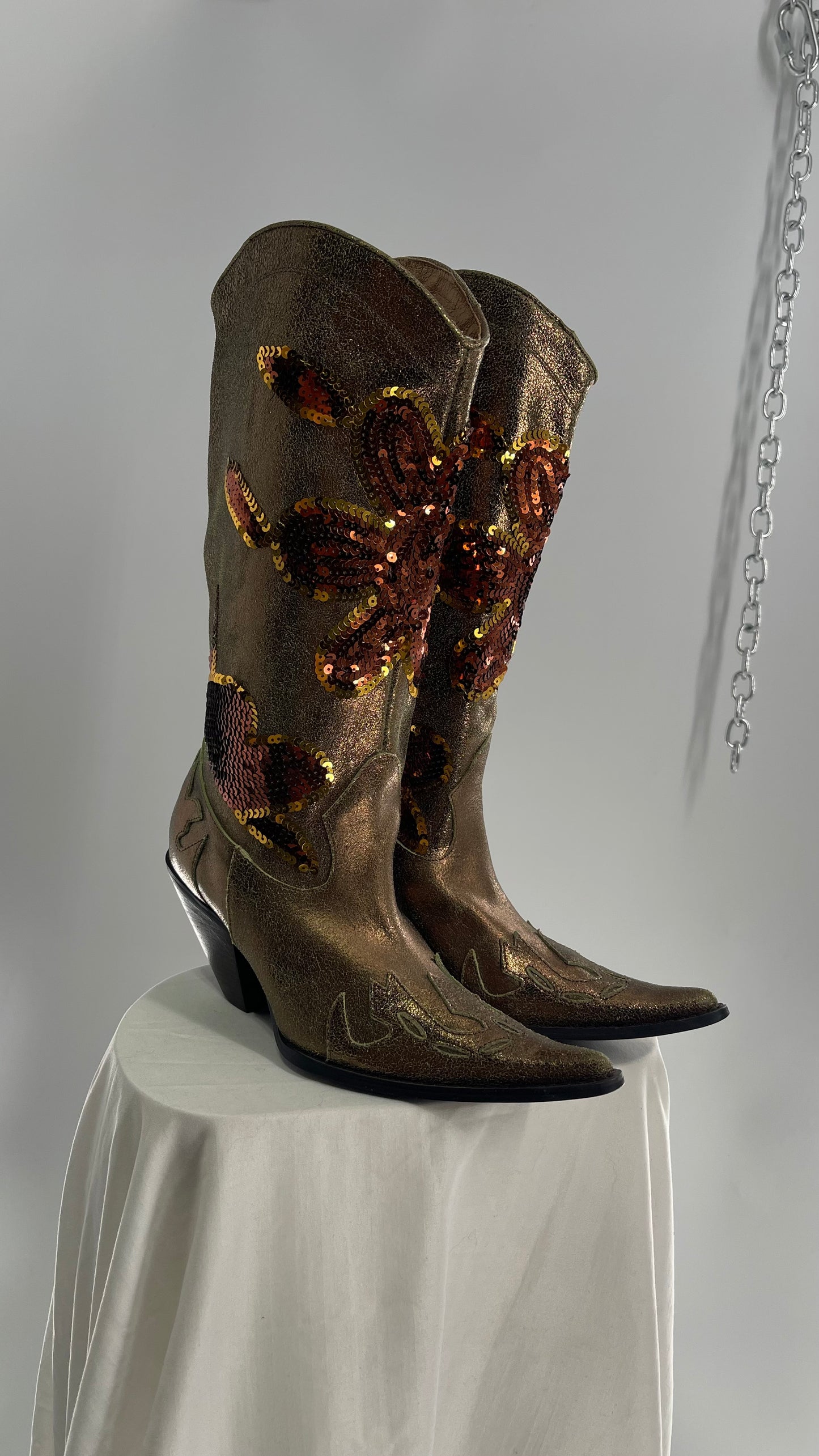 RARE Vintage Foot Candy Sage Green/Bronze Leather Cowboy Boots with Sequin Flowers and Flame Details (6.5)