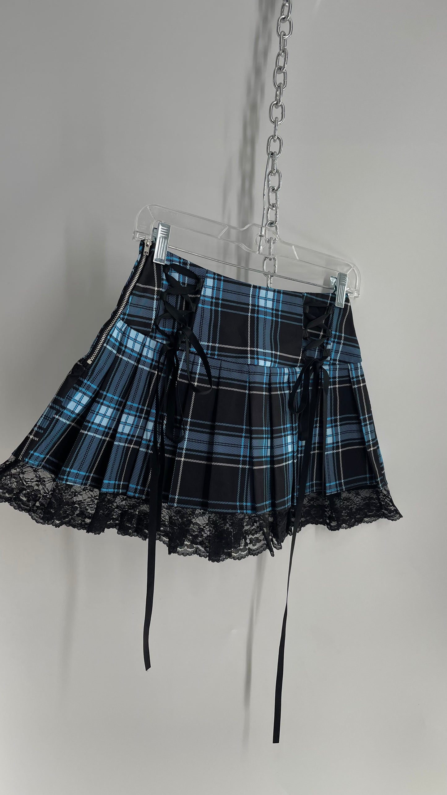 Vintage Blue Black Tartan Lace Up/Lace Trim Pleated Mini Skirt (Small)