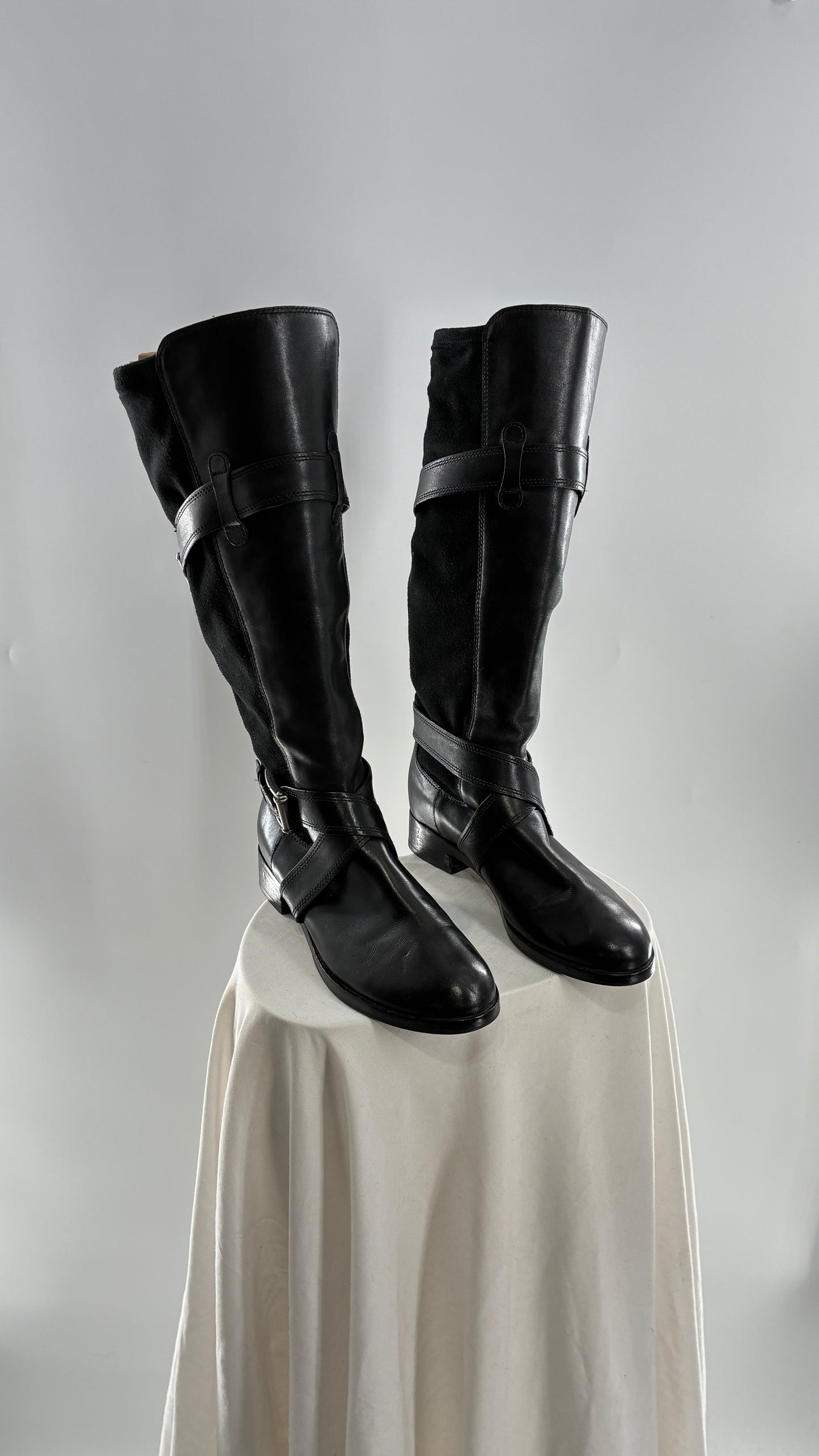 Vintage Cole Haan Black Leather Knee High Boots with Buckle Detailing (7.5)