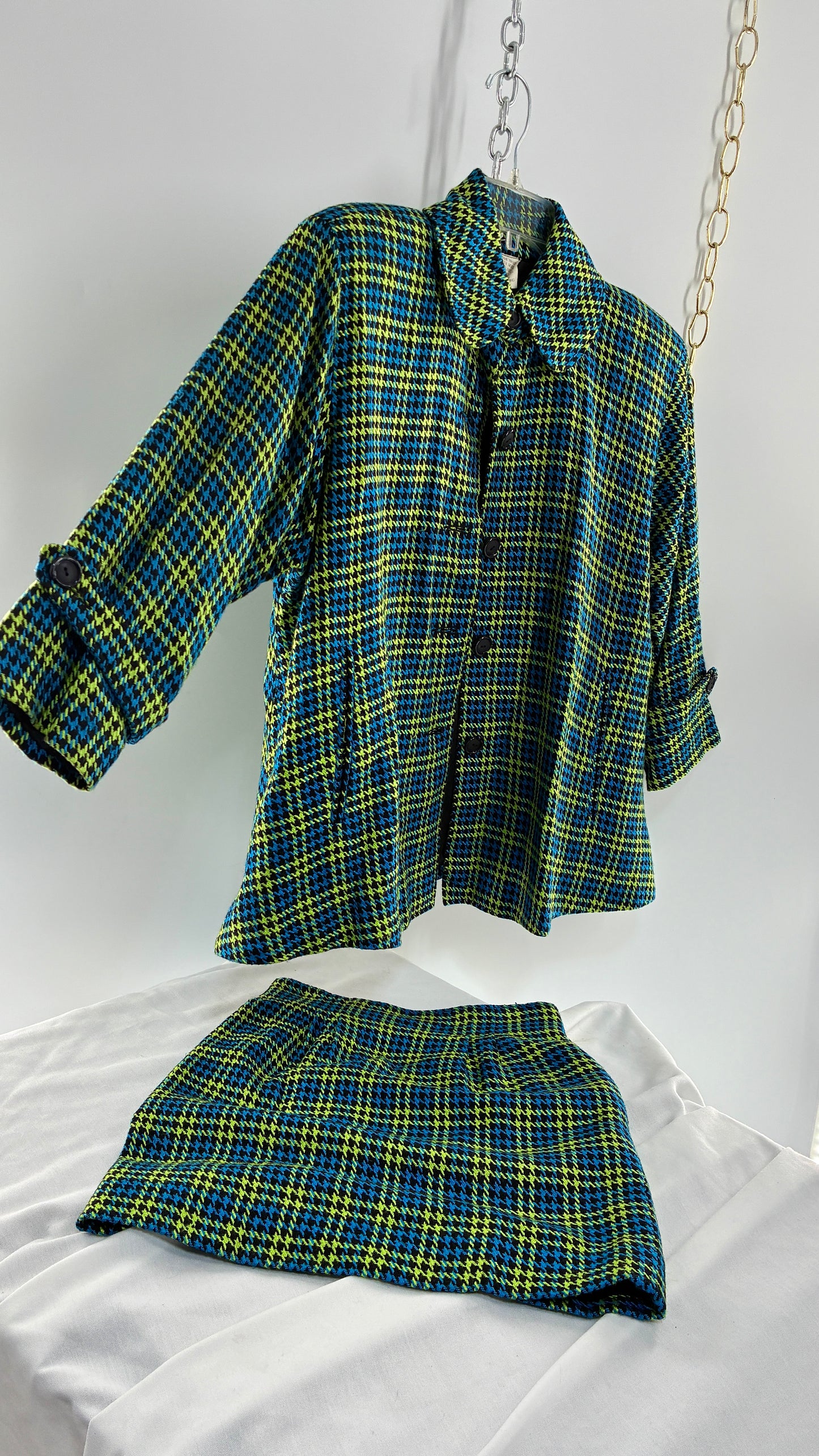 Vintage HONG KONG Wool Blend Neon Green and Blue Plaid Jacket and Micro Mini Set (Small)