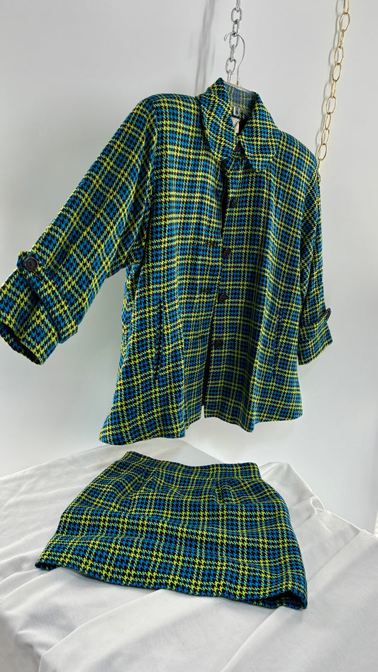 Vintage HONG KONG Wool Blend Neon Green and Blue Plaid Jacket and Micro Mini Set (Small)