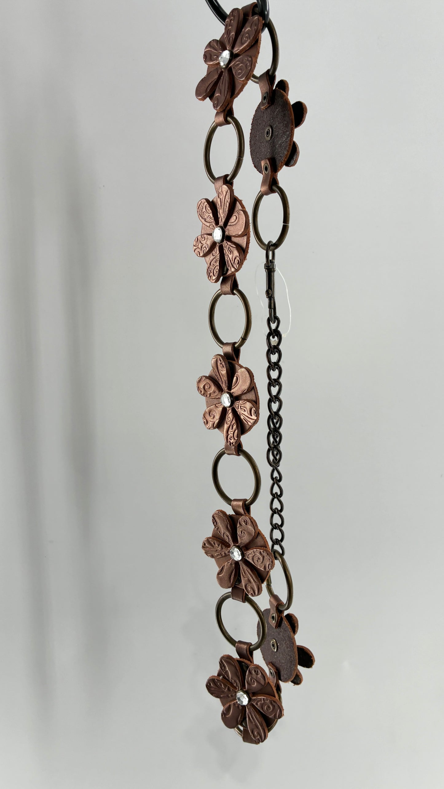 Vintage RELIC Brown Bronze Leather Flower Chain Belt with Rhinestones (M/L)