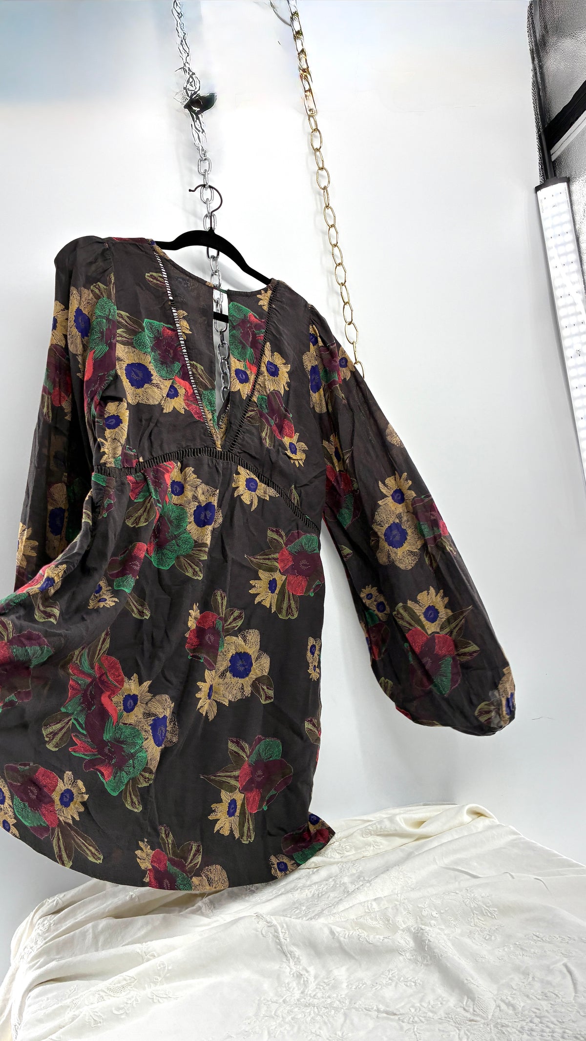 Vintage Free People Slate Grey Dress with Primary Florals (Medium)