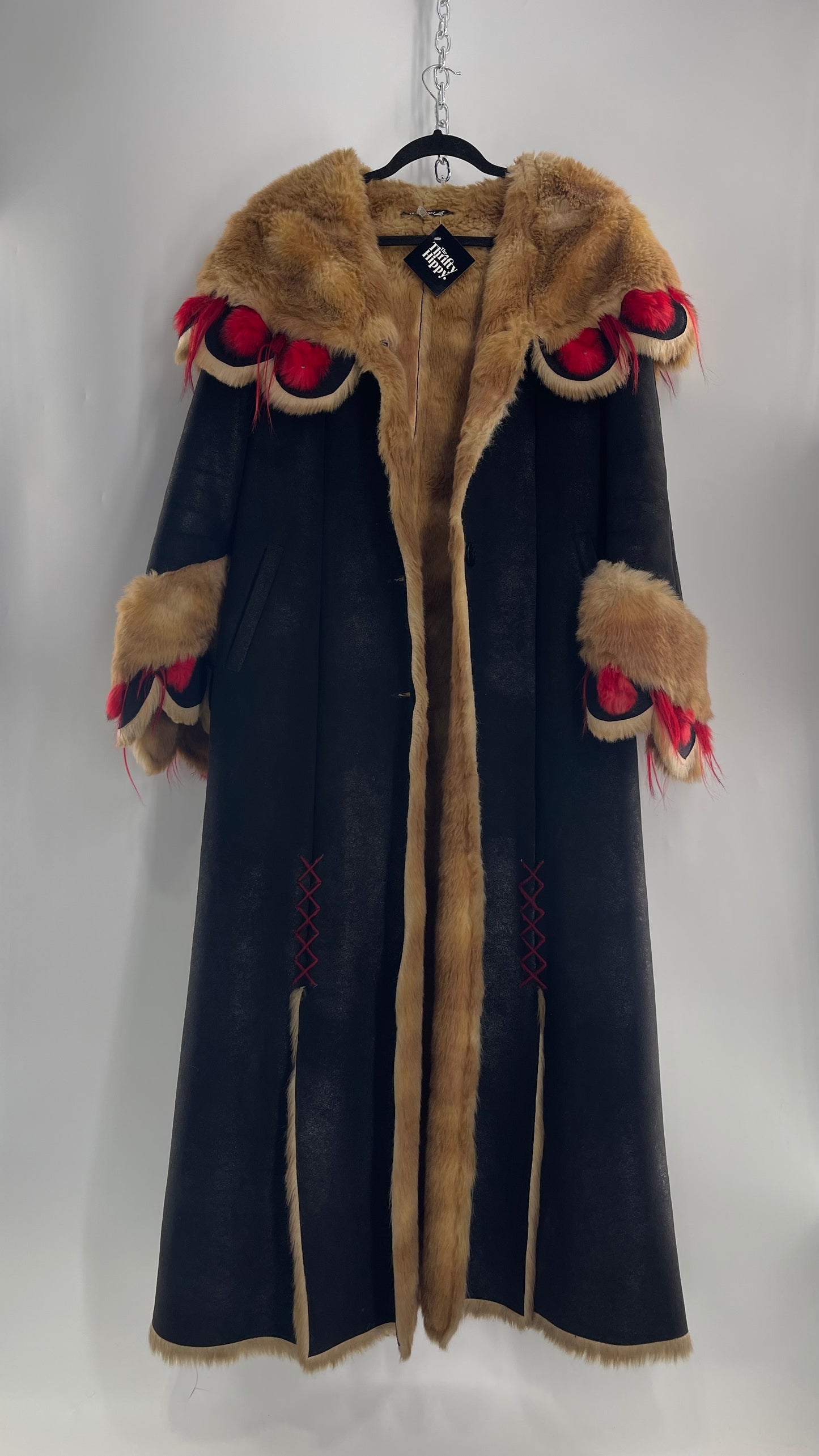 Vintage Russian Black Coat with Brown Fur Piping/Lining, Red Feathers, Scalloped Sleeve, and Hood (Medium)