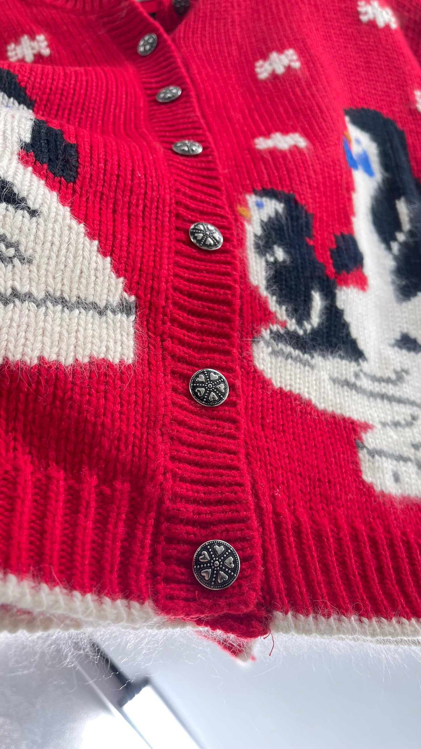 Vintage Karen Scott Silver Button Front, Red Cardigan with Shoulder Padding and the Sweetest Festive Penguins in Bow Ties (Large)